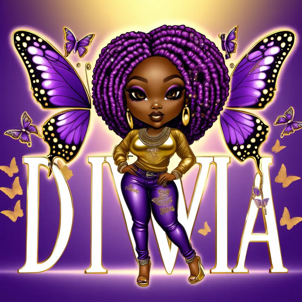 Envision a hyper-realistic chibi-style portrayal
featuring a strikingly beautiful caramel-
skinned, curvy African American woman. This
detailed depiction showcases her entire
body with impeccable makeup, long lashes,
and eye-catching long gold and purple braids
adorned with bling jewelry. Dressed in a
Gold shirt elegantly bearing the word 'Diva'
in accurately spelled Purple letters, she pairs it with gold ripped jeans and stylish purple and diamond gold stiletto heels. The vibrant background is
adorned with colorful butterflies, set against
a captivating backdrop of swirling smoke in
shades of purple, gold, and white.