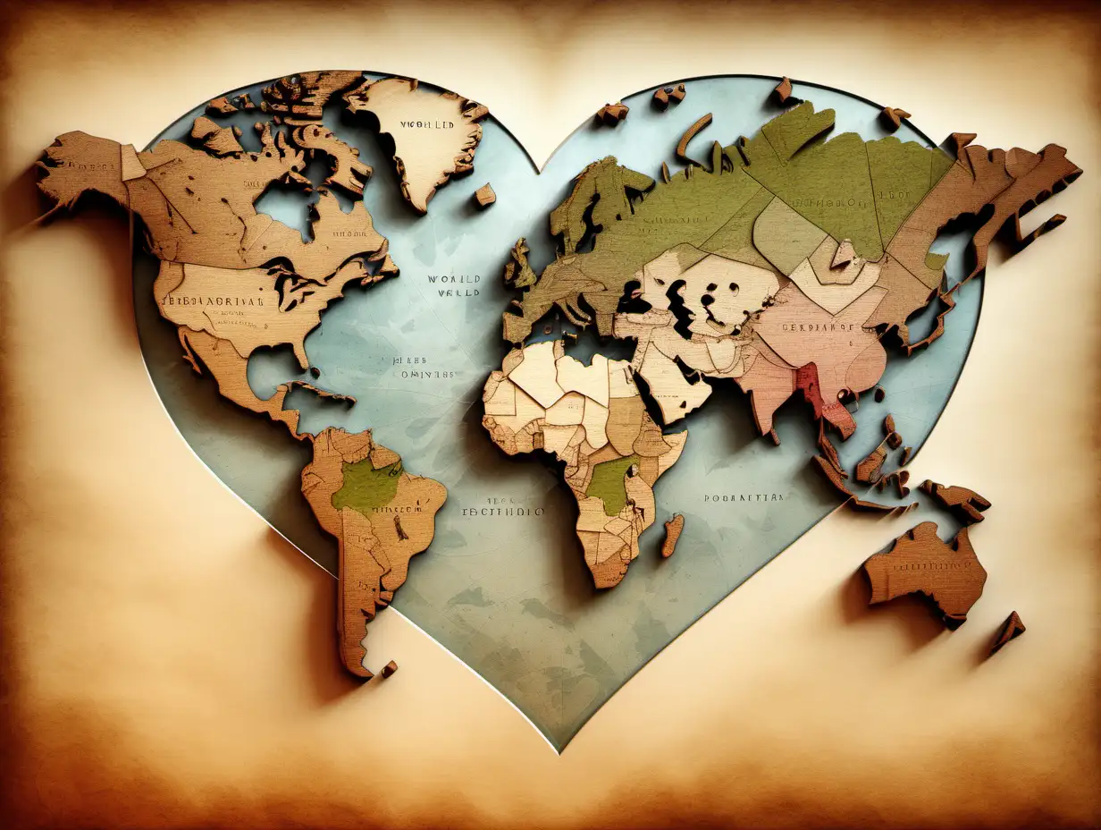 Romantic HeartShaped World Map with Highlighted Destinations