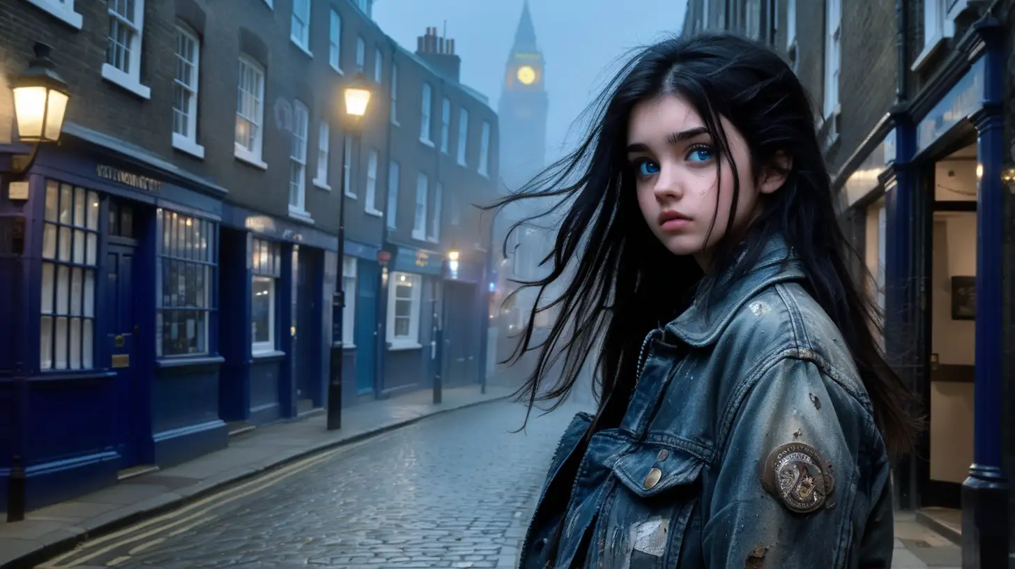 Create a movie image from the following: A 17 year old girl dressed in Junker jacket, Junker pants, long messy, black hair, blowing in the wind, blue eyes, dirty face, glaring eyes, looking over her shoulder, standing in foggy, moonlit, deserted cobblestone street in London. 