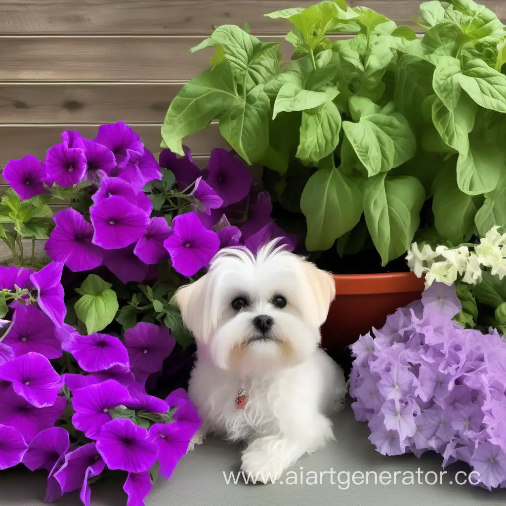 Maltese-Bolognese-Table-Setting-with-Lilac-and-White-Petunias