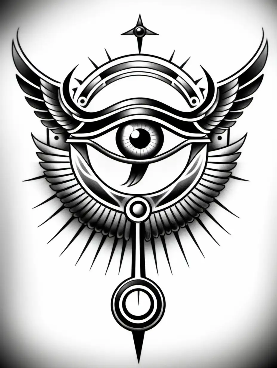 a black and white tattoo simple drawing that is the key of the life and eye of Horus with wings