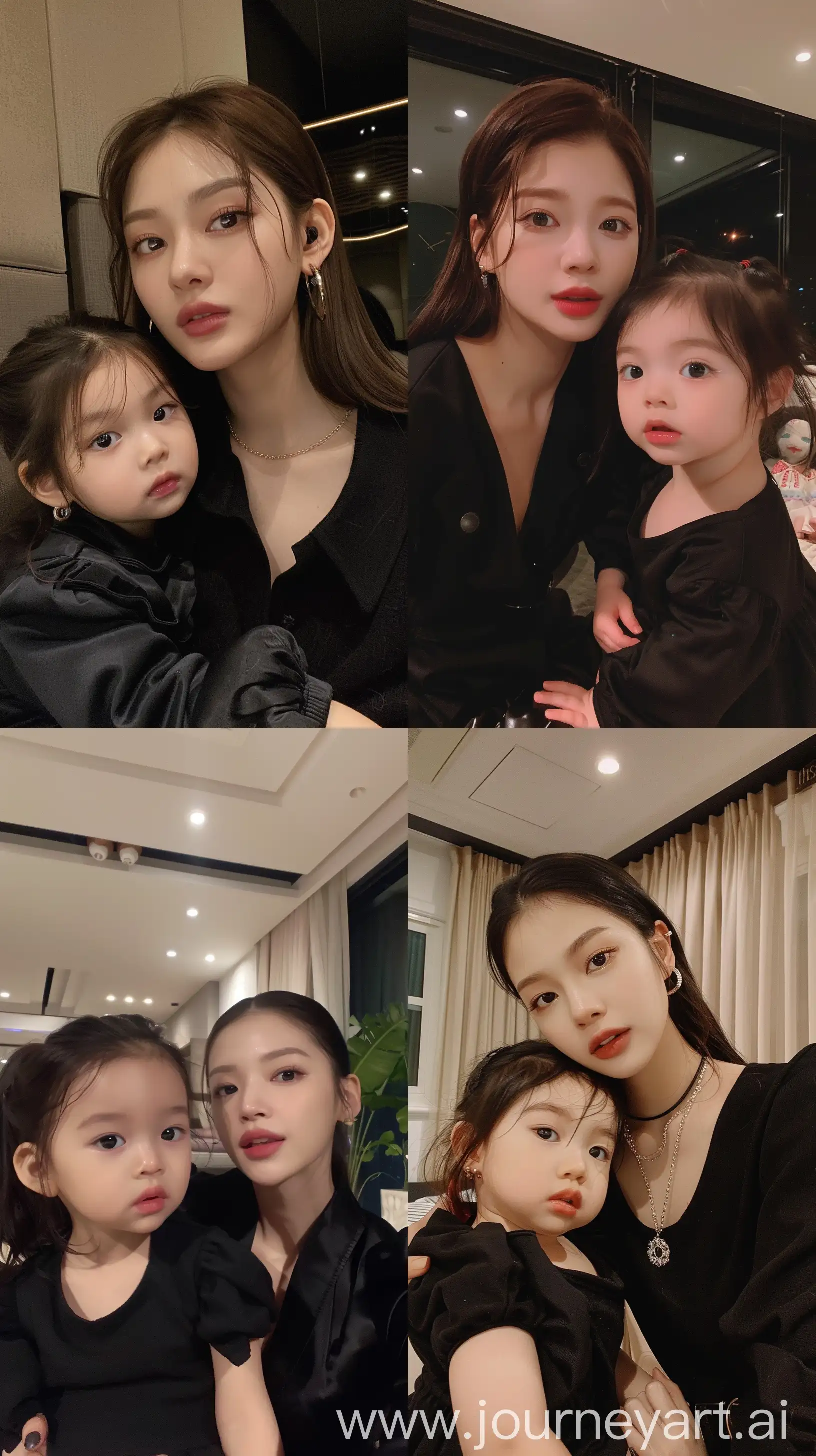 blackpink's jennie selfie with 2 years old  girl, facial feature look a like blackpink's jennie, aestethic selfie, wearing black outfit, night times, aestethic make up,hotly elegant young mom --ar 9:16 