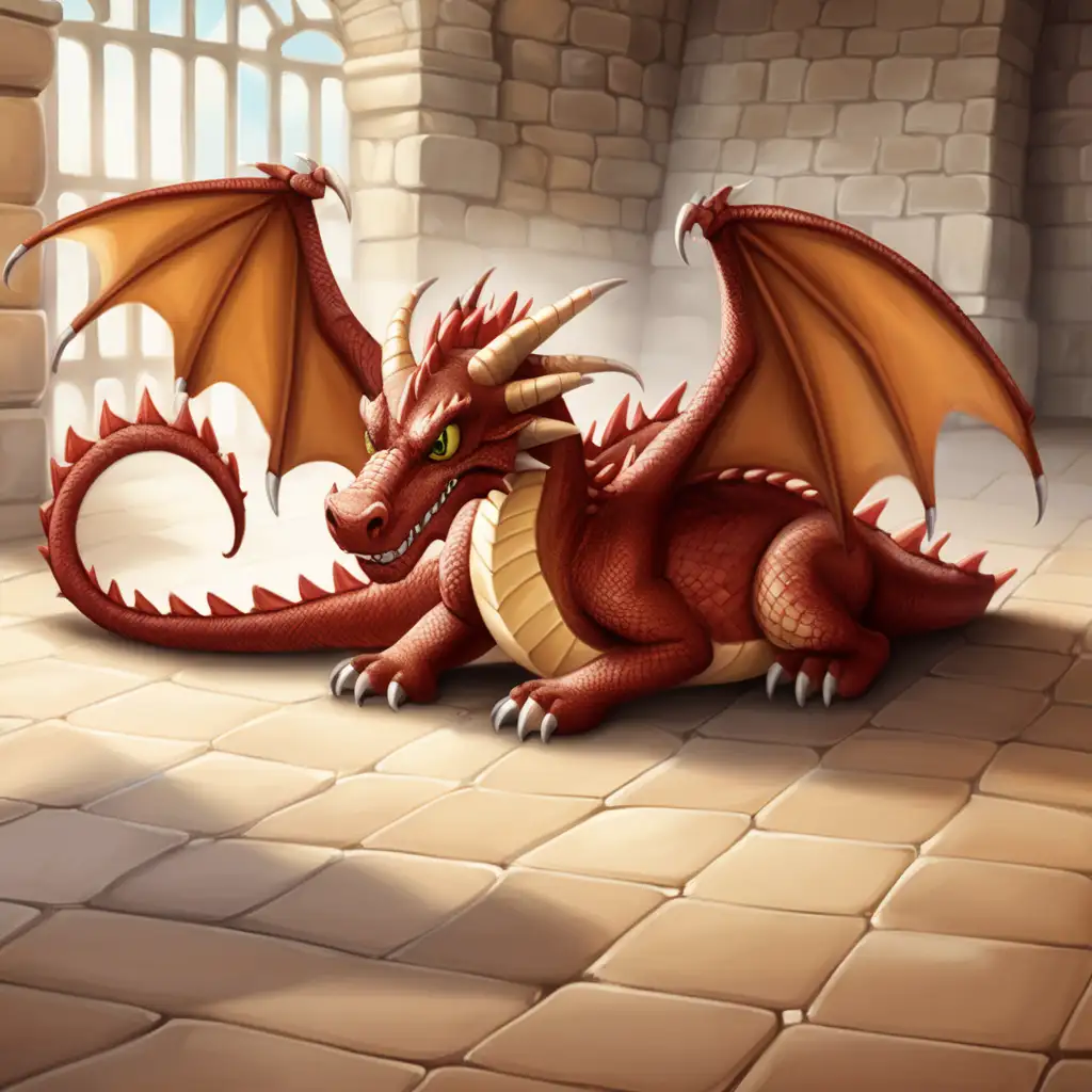 fierce dragon. lying on the floor. pyxar style. for a kids book