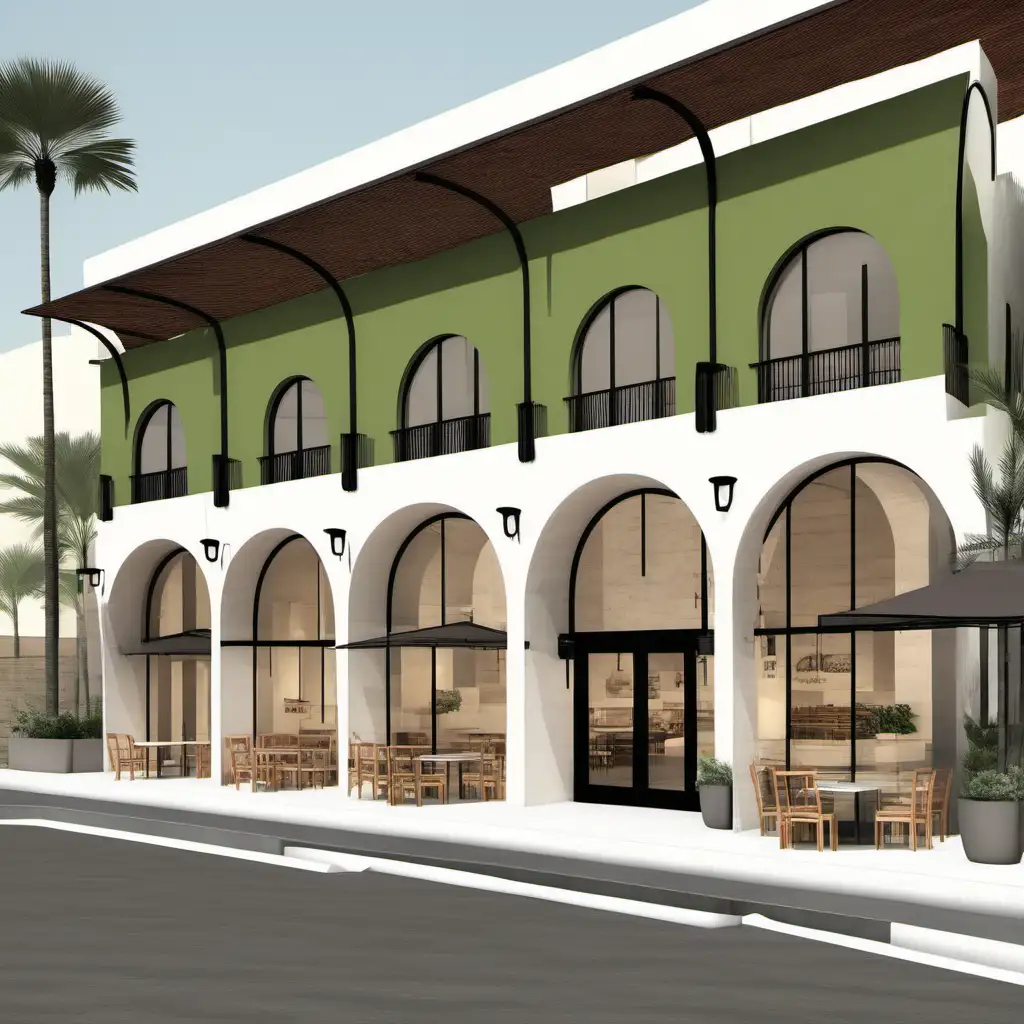 MediterraneanStyle Retail Building with Arched Walkway and Palm Tree Landscape