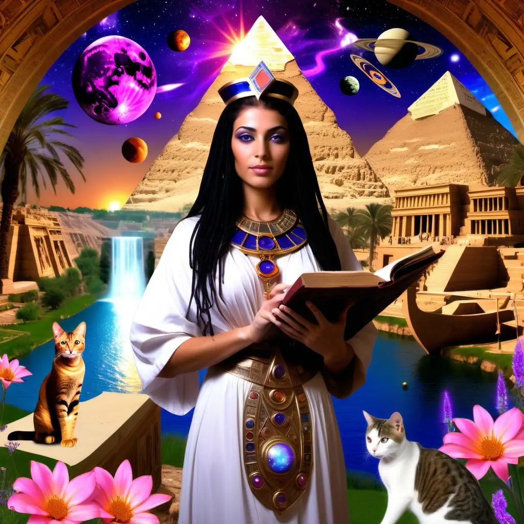 a priestess starseed woman astrologer from Egypt is creating a horoscope for a king, she comes from the past, fantasy garden, there are planets above his head and the sun is blazing down bright, there is a portal, pyramid, cat, the nile, ancient boats, a library, waterfall, peach pink purple flowers and sunset, she holds a parchment