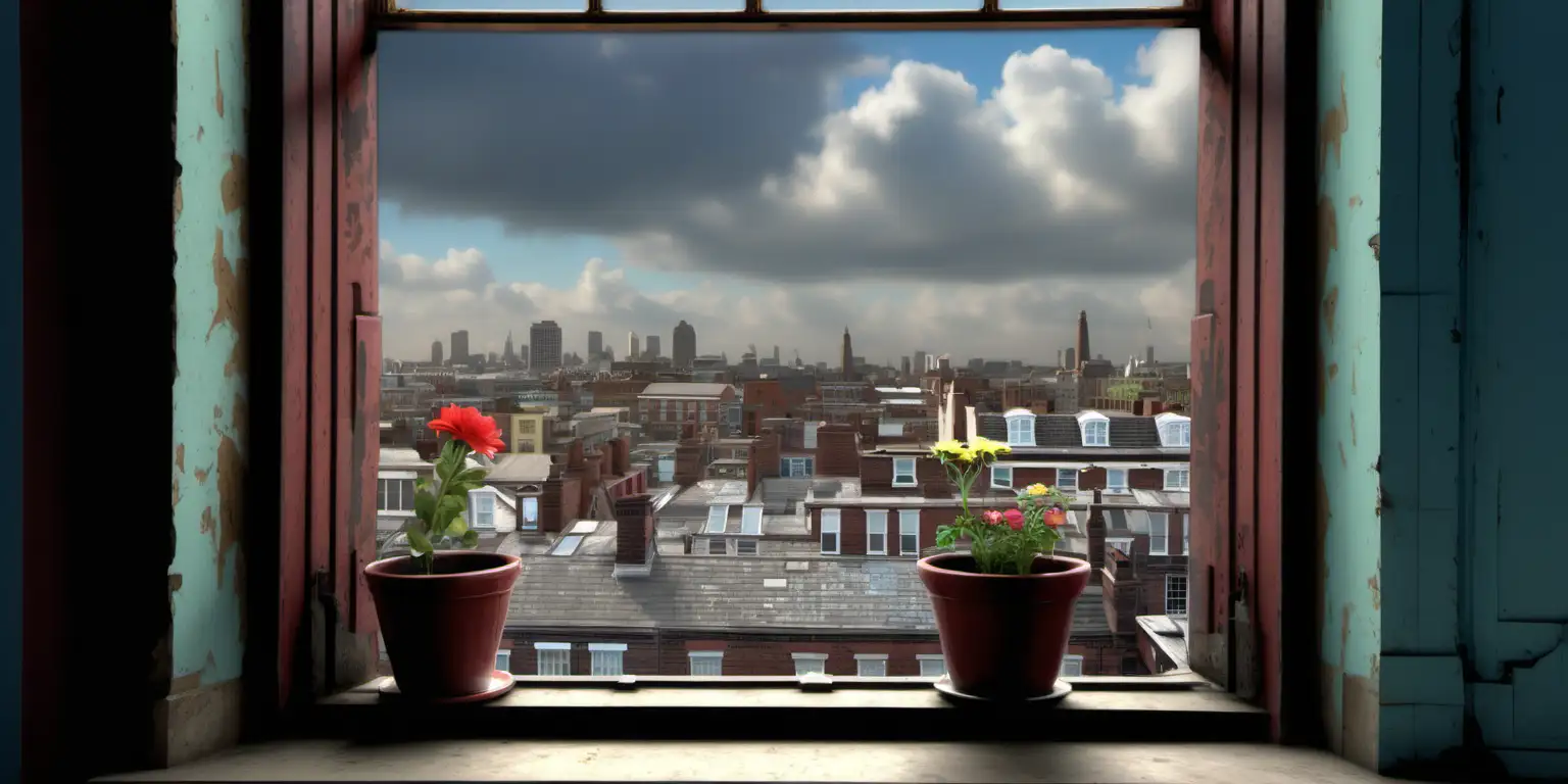 Photo-realistic, highly detail, high definition. vibrant colors, ((19th century, historically absolutely correct, authentic look)), in Liverpool. (Viewing from the third floor) of a middle-class tenement house. Looking through the closed window of a living room, a thin transparent curtain in front, a single flowerpot on the internal windowsill, the sky is cloudy. 