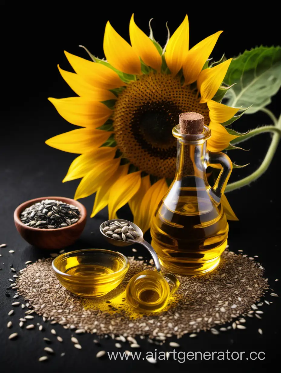 Vibrant-Sunflower-with-Oil-and-Seeds-on-Black-Background