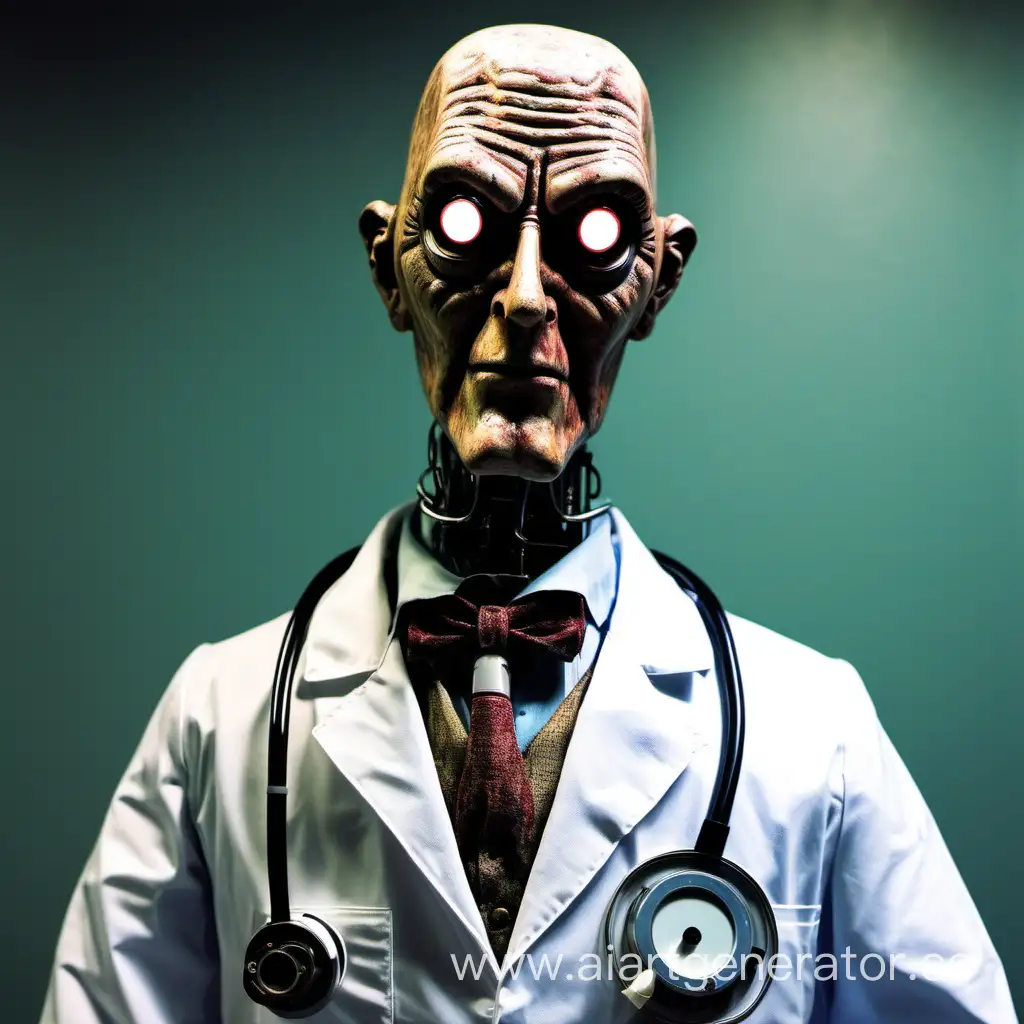 Анниматроник врача, двух метровый, жуткий, без глаз.