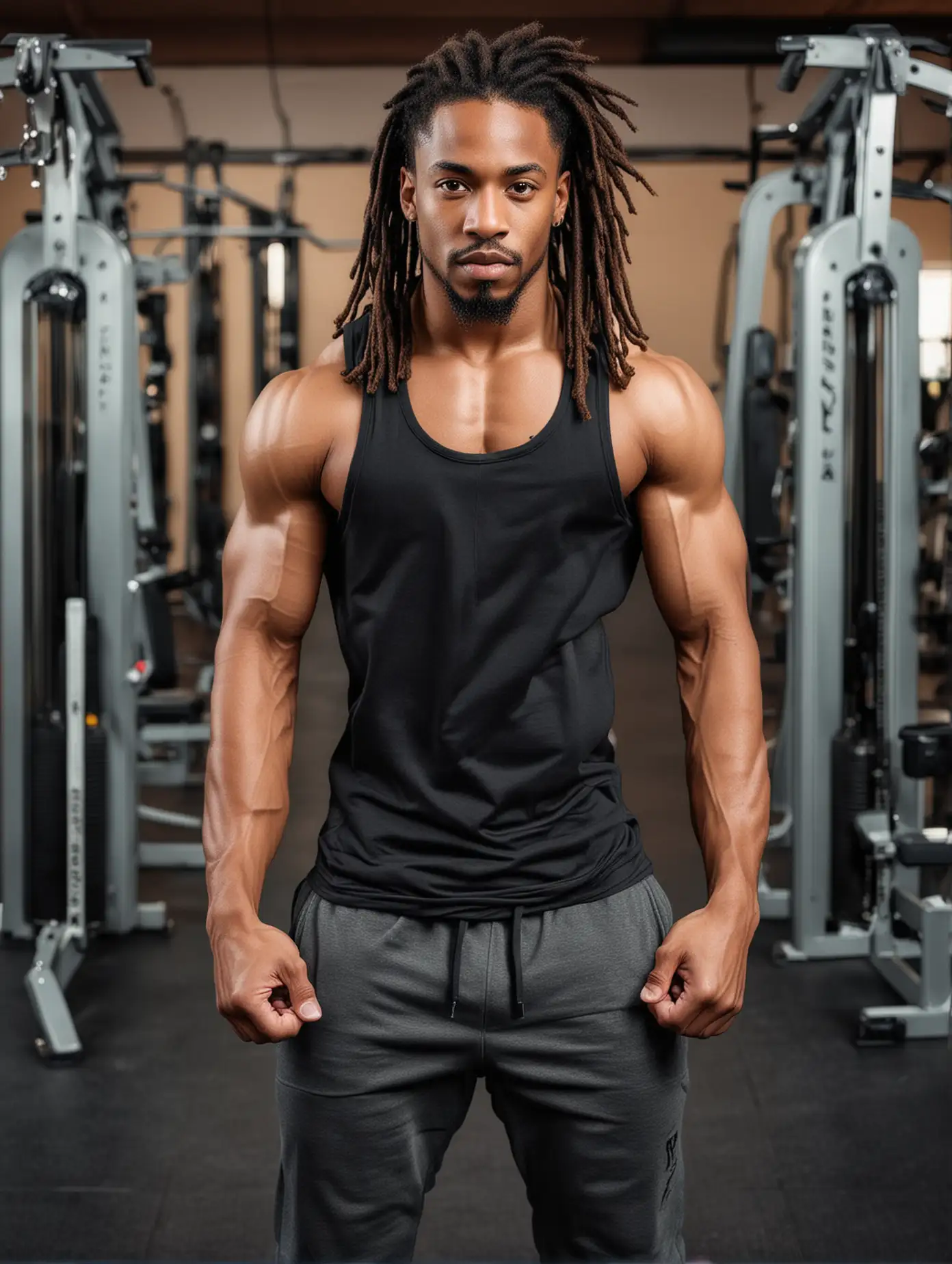 Handsome boy, African American, with dreadlocks, in the gym, posing, wearing a vest, Front double biceps, sexy figure, perfect muscles, facing the camera, professional photography technology, full body photo