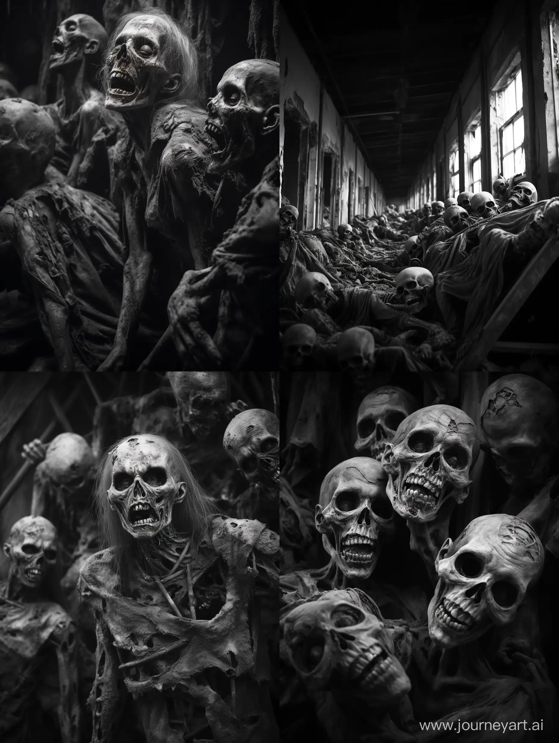 Grayscale image of Humans living in the aftermath of Chernobyl, unhinged, zombie core, morbid core, attention to detail, nightmare fuel, photo taken on provia