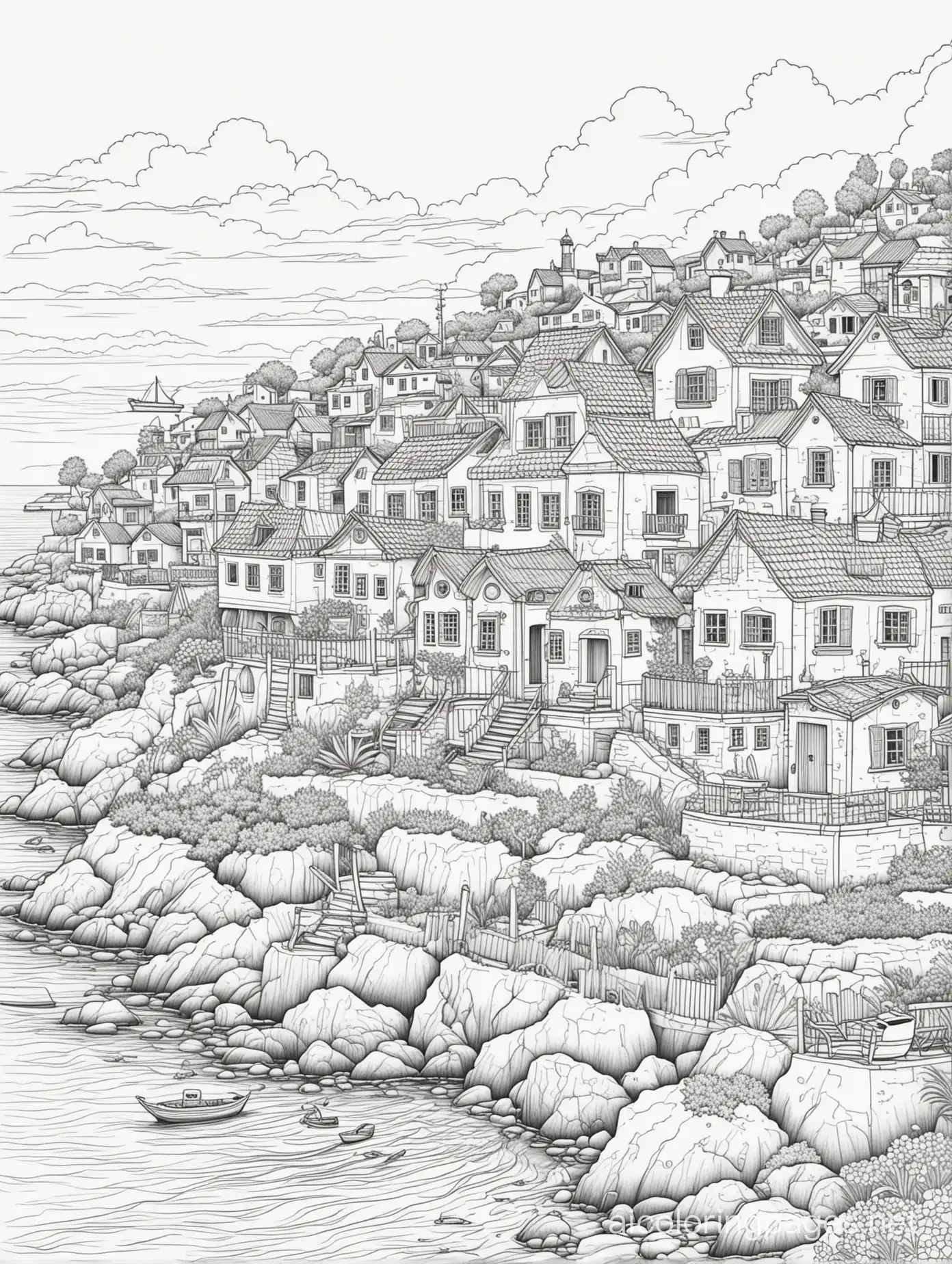 Sea side town with unique houses, Coloring Page, black and white, line art, white background, Simplicity, Ample White Space. The background of the coloring page is plain white to make it easy for young children to color within the lines. The outlines of all the subjects are easy to distinguish, making it simple for kids to color without too much difficulty