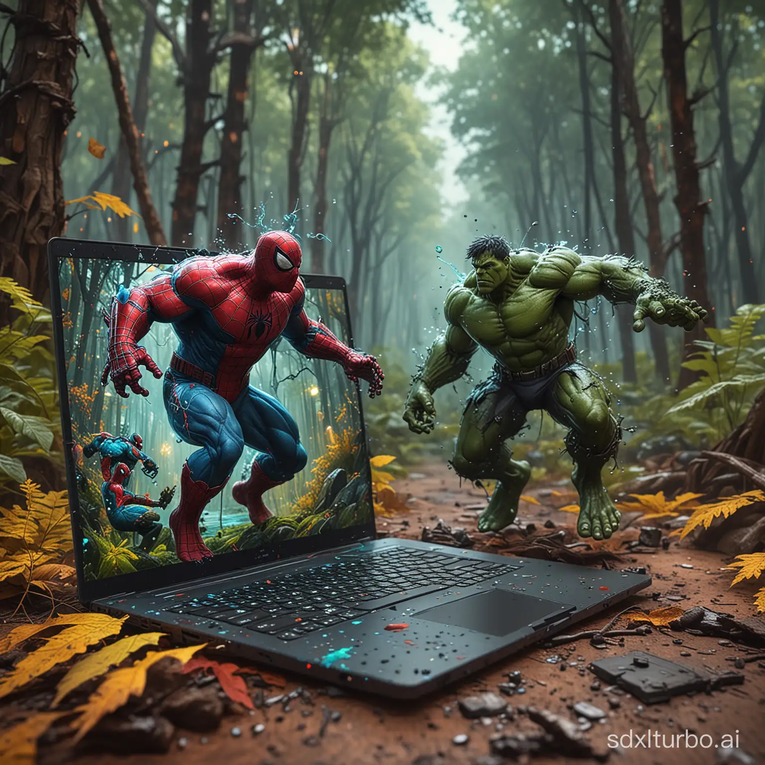 3D hologram creating steampunk Hulk and Spiderman running out of laptop in a colorful forest actions Smartphone ultra-realistic 4K splatter splash ink edges detailed matte painting, deep color, fantastical, intricate detail, splash screen, complementary colors, fantasy concept art
