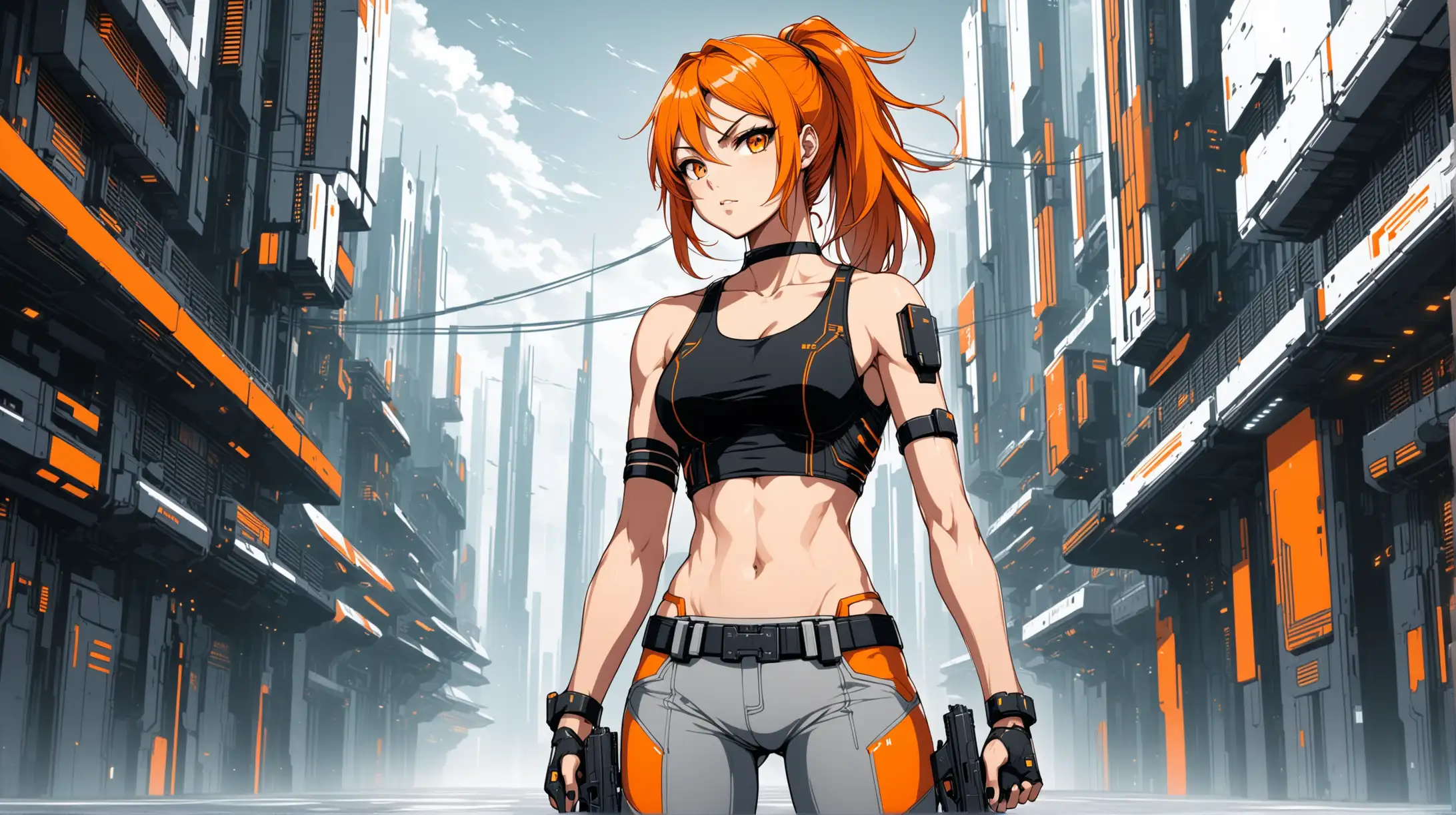 Fierce Anime Cyberpunk Heroine with Handguns in Futuristic City