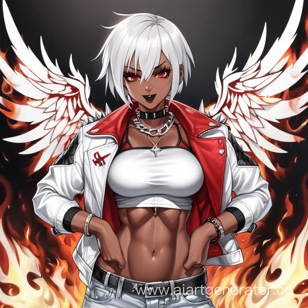 Battle Field, 1 Person, Women, Human, White hair, Short hair, Spiky Hairstyle, Dark Brown Skin, Scalet Red Burning Wings, White Jacket, White Shirt, Black Jeans, Choker, Burning Chains, Black Lipstick, Serious Smile, Scarlet Red-eyes, Sharp Eyes, Big Breasts,  Flexing Muscles, Muscular Arms, Muscular Legs, Well-toned Body, Muscular Body, Red Smoke, 
