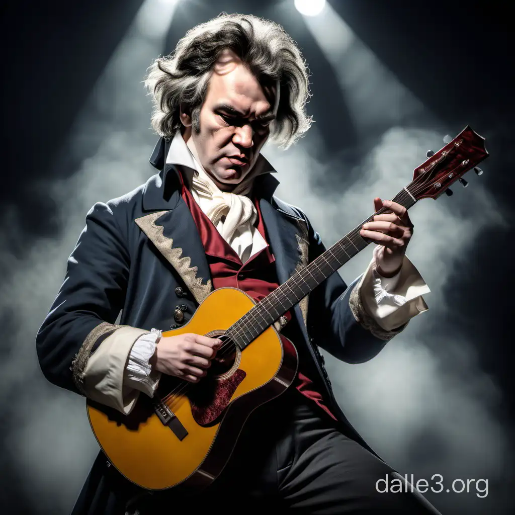 Композитор Людвиг ван Бетховен в современном образе рок-музыканта, на сцене с гитарой руках