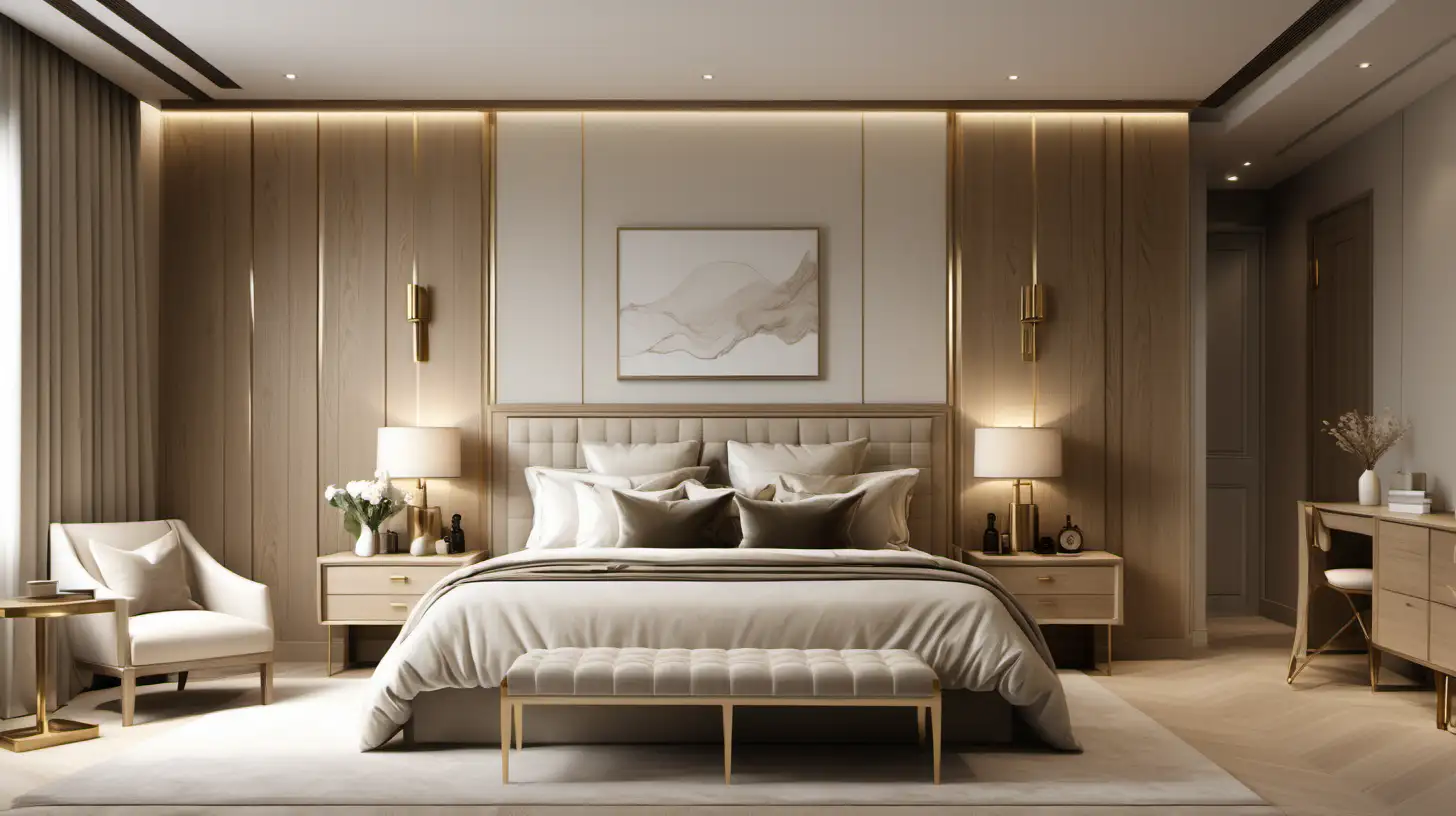 a hyperrealistic image of a classic contemporary large minimalist home hotel-style bedroom; beige; blonde oak;  brass; 