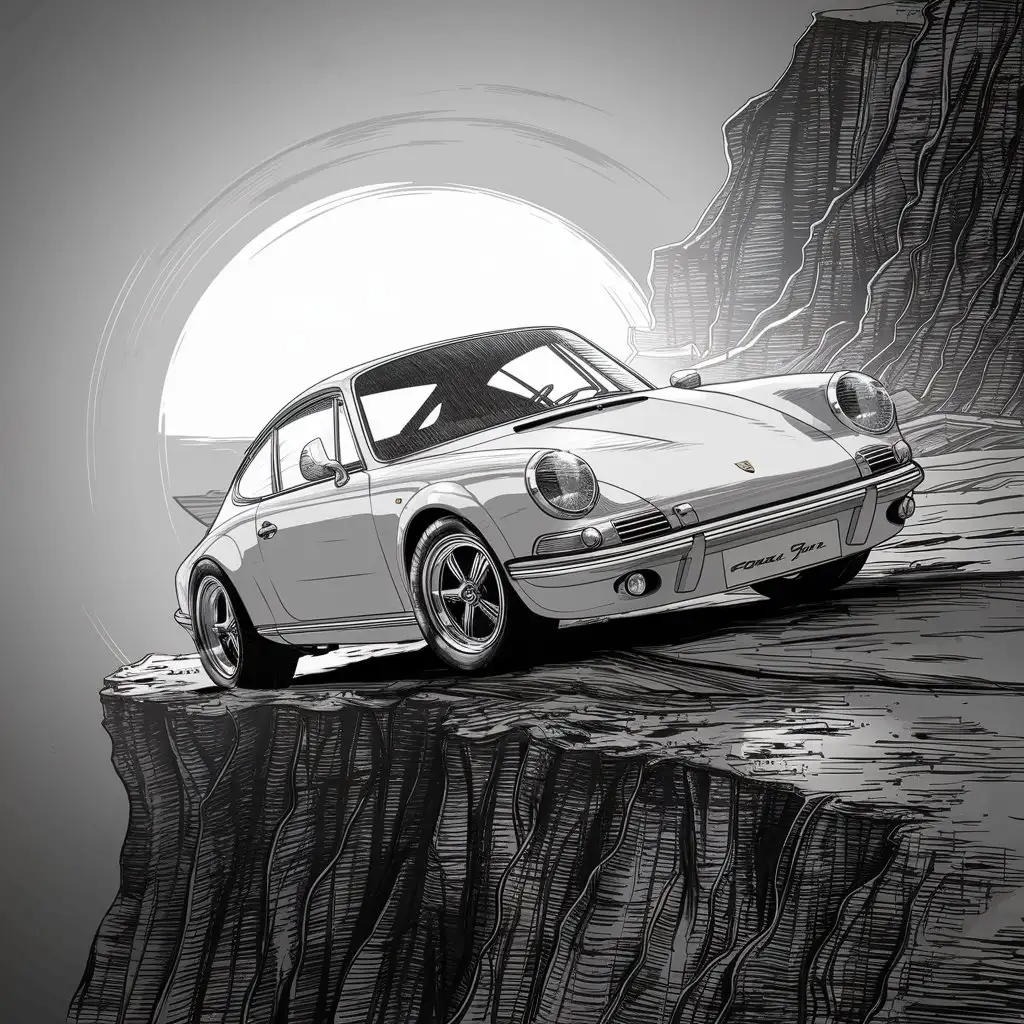 Vintage Porsche 911 1971 Silhouetted against Cliffside Sunset Black and White Coloring Page Style