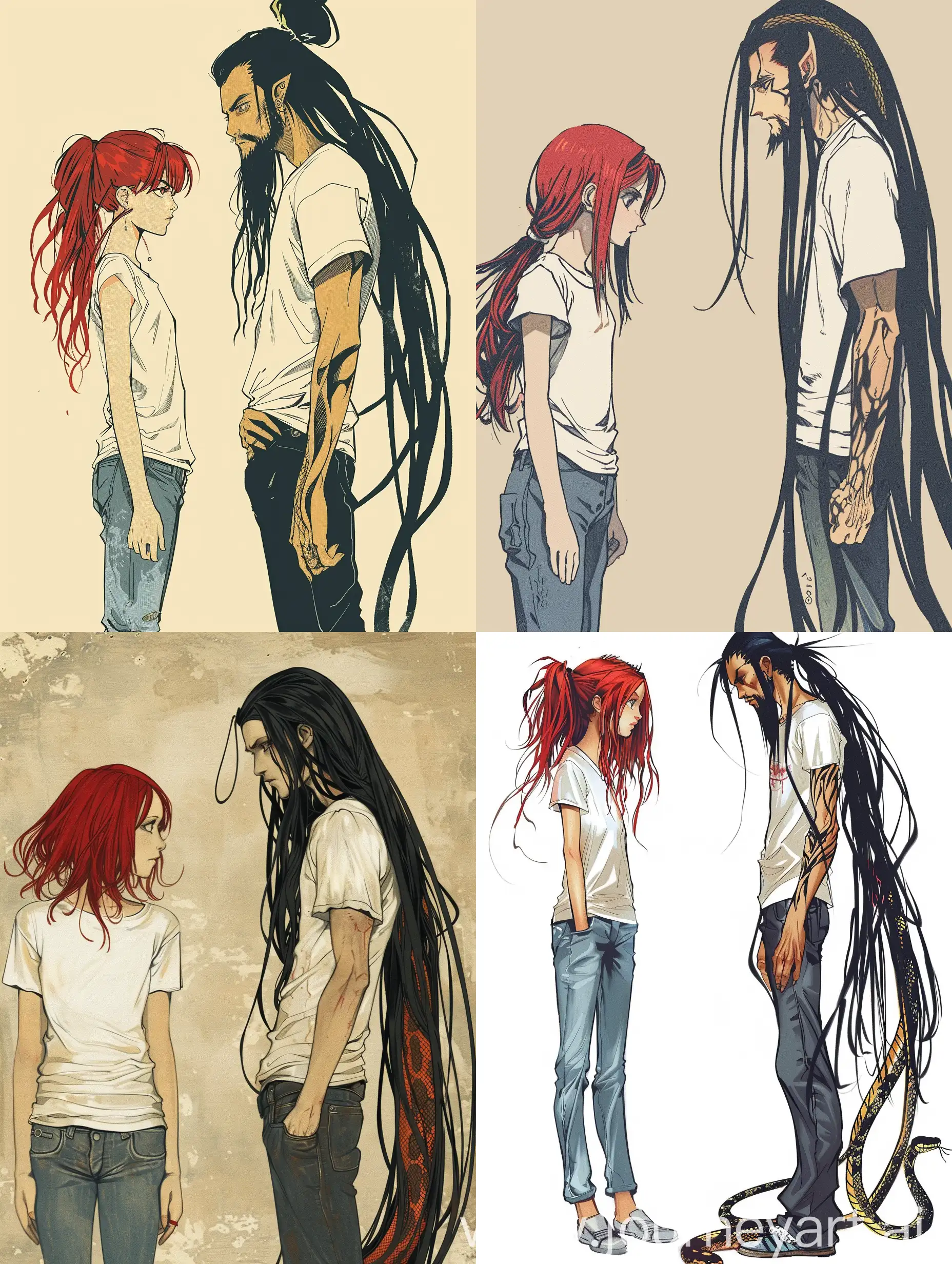 девушка рыжыми волосами в белой футболке и в джинсах, и мужчина с чёрными длинными волосами с змееиным хвостом, попаданка для нага