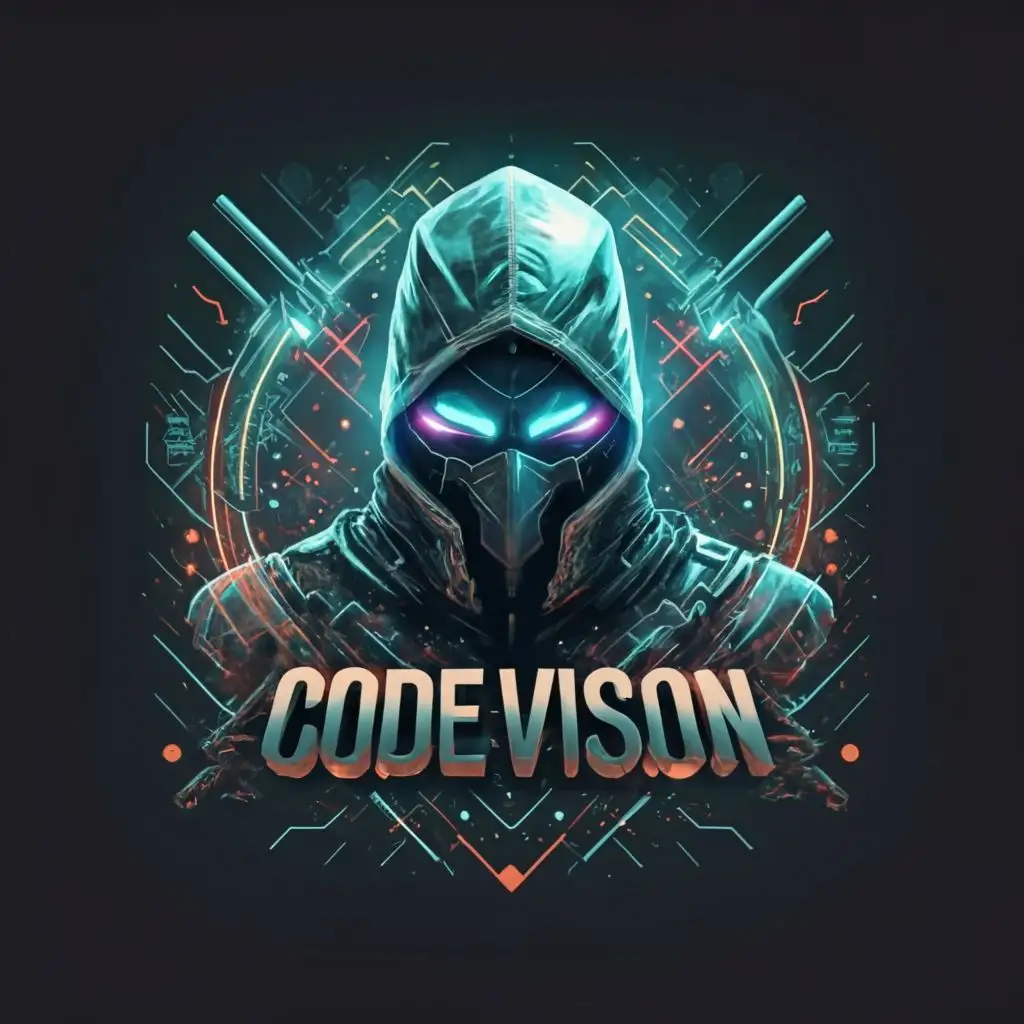 logo, Cybernetic ninja. metallic, futuristic black male, with the text "Code vision", typography
