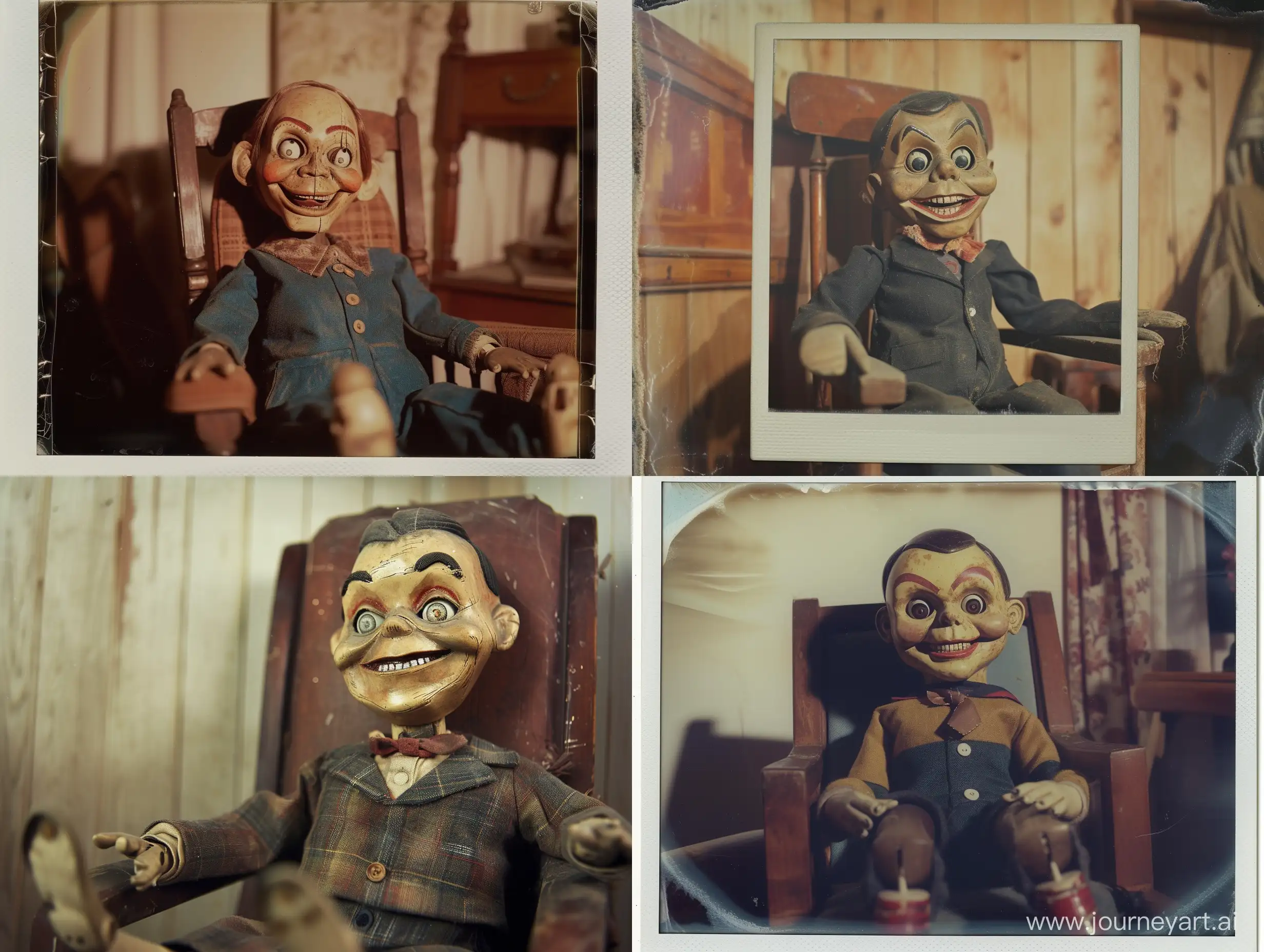 A creepy, scary old realistic Polaroid photo of a ventriloquist dummy sitting in a chair and smiling 