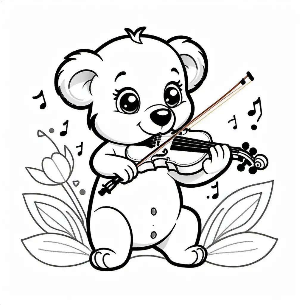 happy coala playing on violin , Coloring Page, black and white, line art, white background, Simplicity, Ample White Space. The background of the coloring page is plain white to make it easy for young children to color within the lines. The outlines of all the subjects are easy to distinguish, making it simple for kids to color without too much difficulty