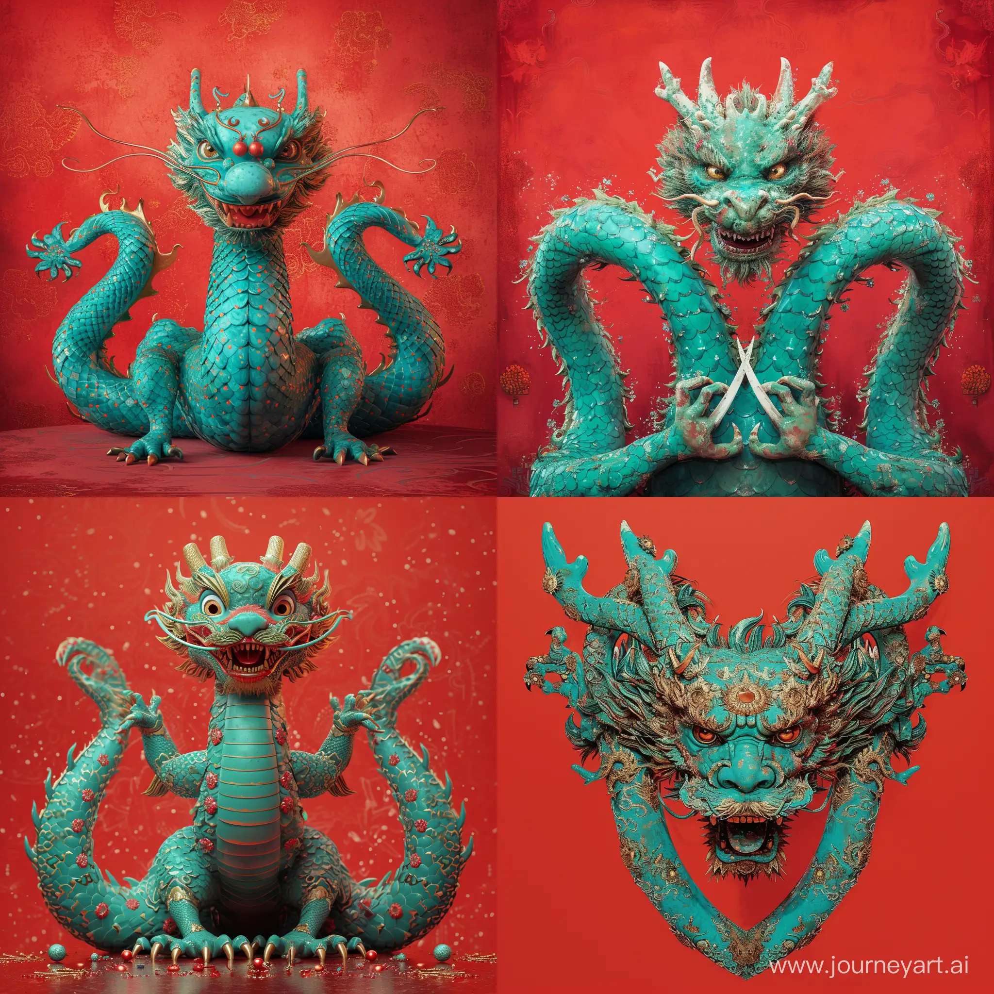 Joyful-Turquoise-Chinese-Dragon-with-Traditional-Festive-Decor-on-Red-Background