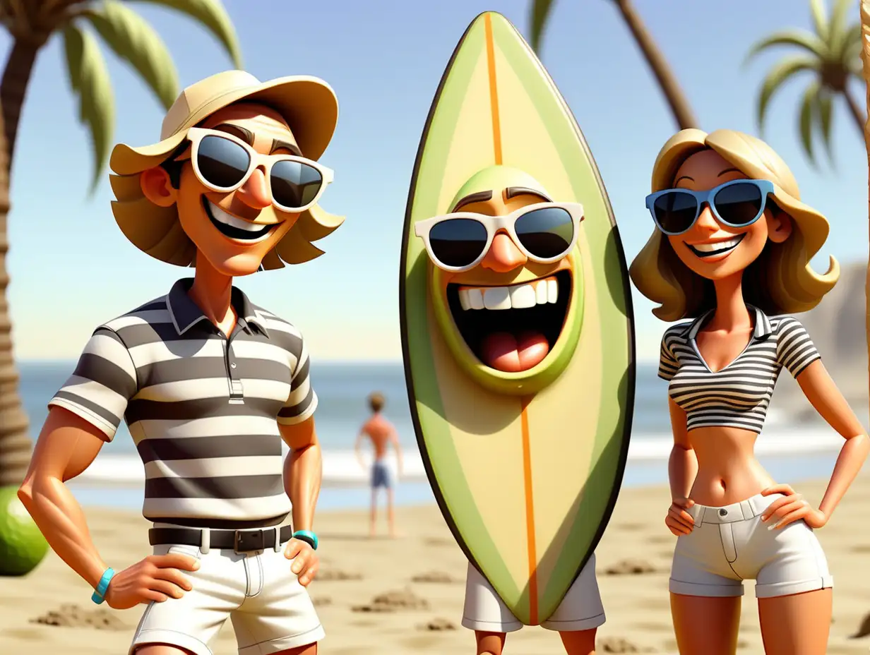 Three goofy cartoon beach partiers wearing sunglasses on a beach in California all holding a surfboard. They are dressed in vertical striped shirts with white shorts. Vivid, scene: a sunny beach. In the background a human-size avocado with a smiling face, pixar style illustration 