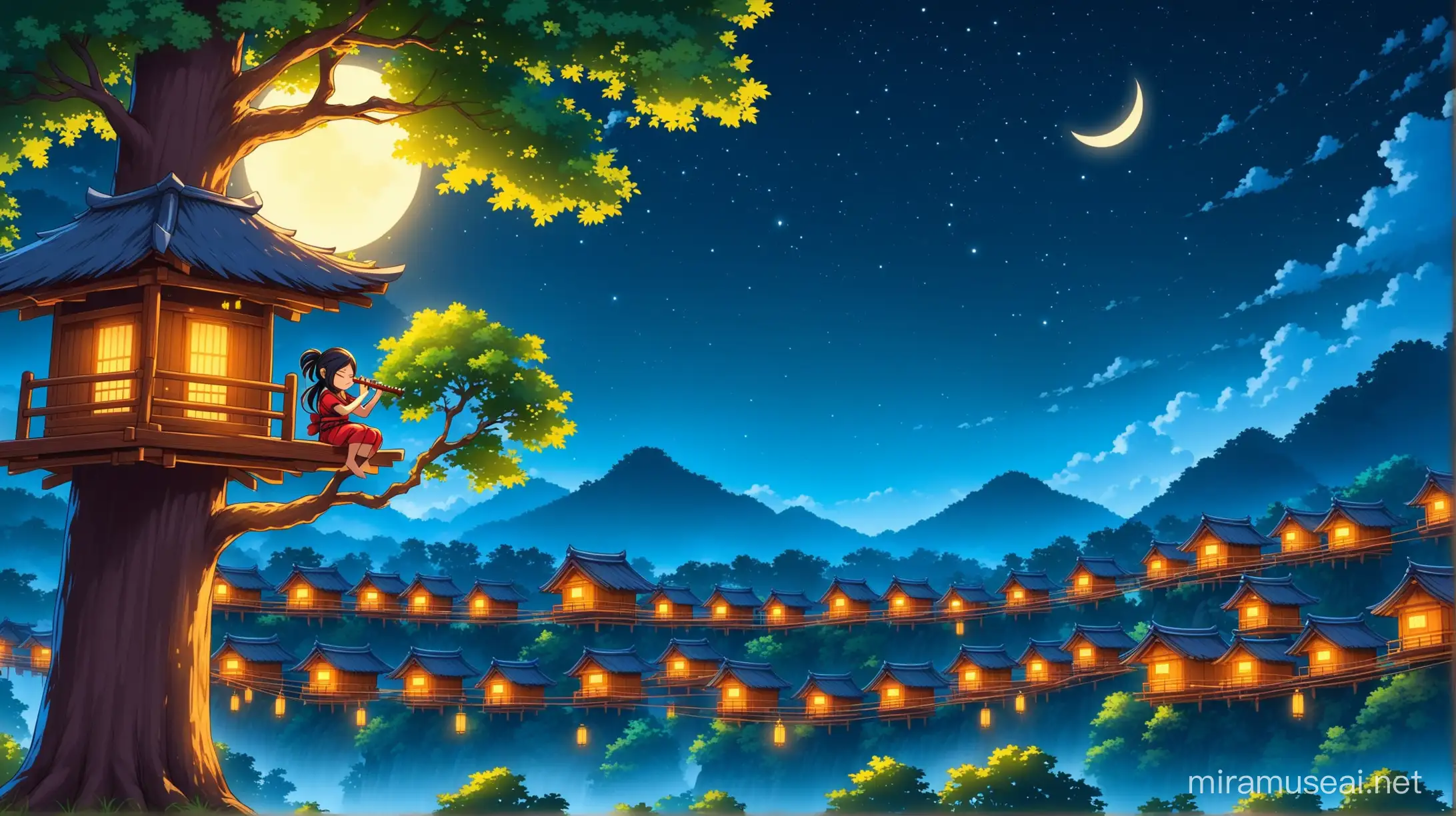 Ninja village in night all are sleeping one alone girl sitting on highest tree on village and playing flute
