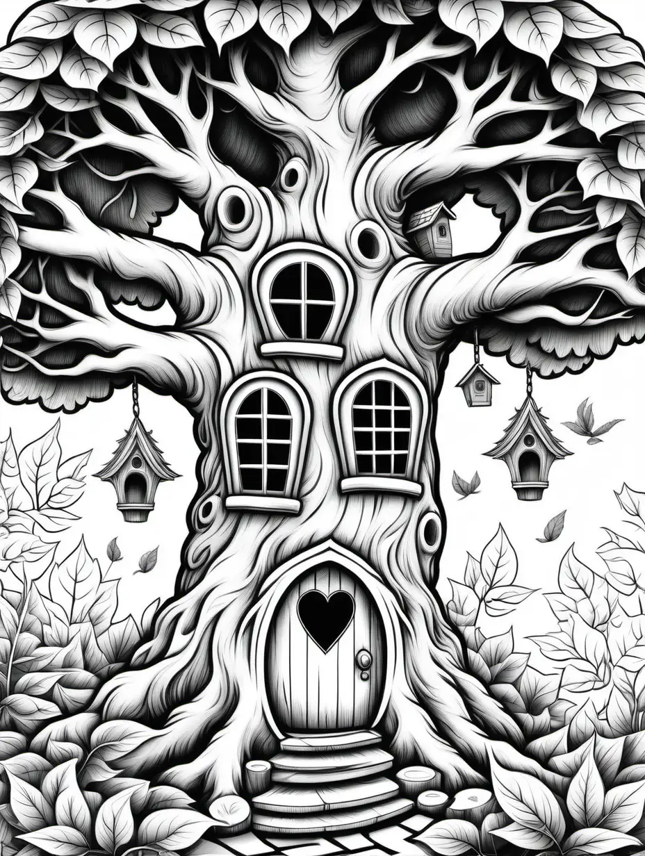 Enchanting Hollow Tree Coloring Page with Mythical House
