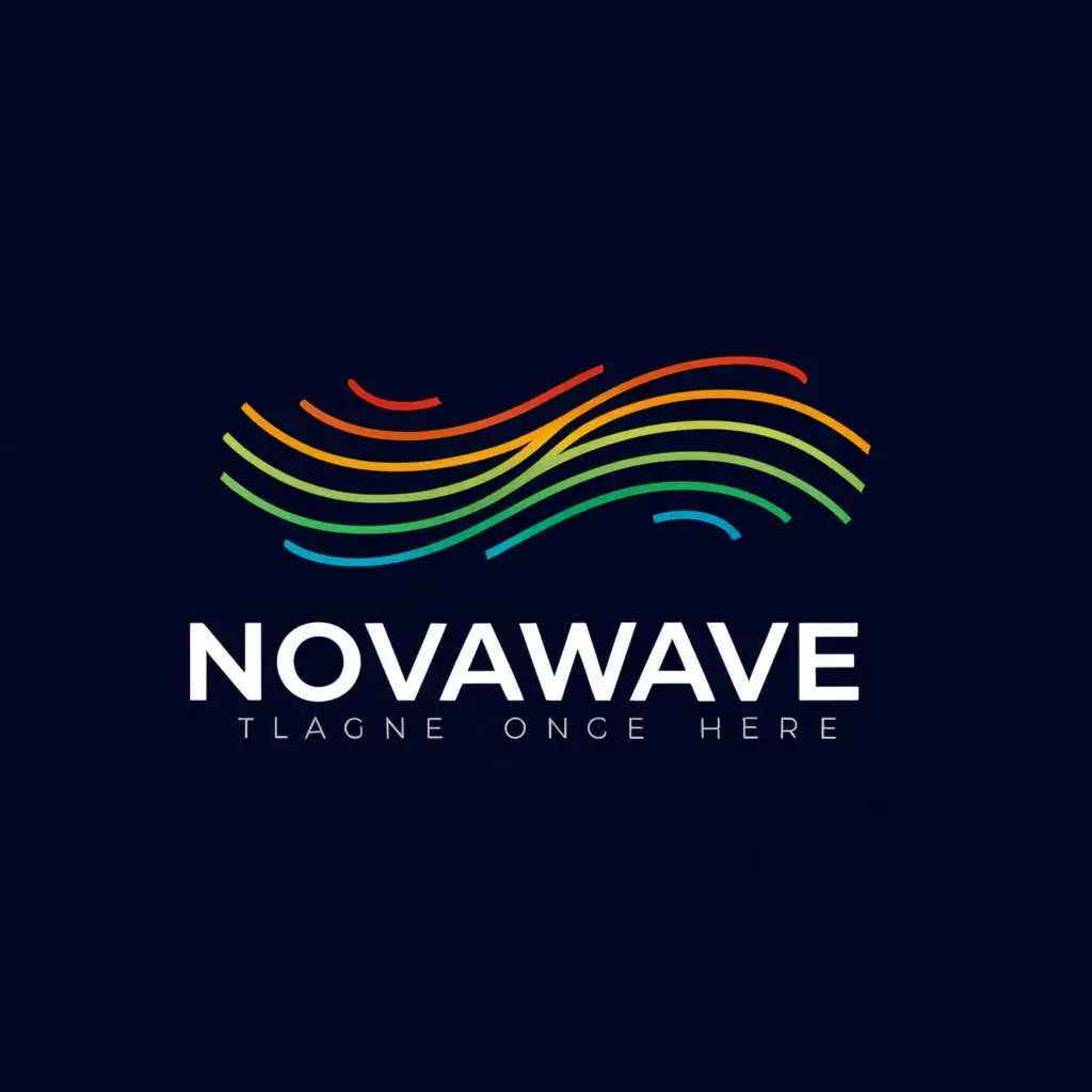 a logo design,with the text "NovaWave", main symbol:Imagine a striking scene: a wave of vibrant colors, like electric blues, neon greens, and fiery oranges, cascading across the sky. The wave appears to be made of energy, pulsating and rippling against a backdrop of deep space sprinkled with twinkling stars. It's an image that captures the beauty and power of cosmic phenomena. Can you picture it?,Moderate,clear background