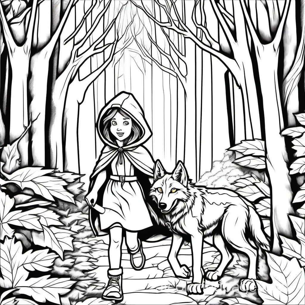 little red riding hood walking through the forest meet wolf

, Coloring Page, black and white, line art, white background, Simplicity, Ample White Space. The background of the coloring page is plain white to make it easy for young children to color within the lines. The outlines of all the subjects are easy to distinguish, making it simple for kids to color without too much difficulty