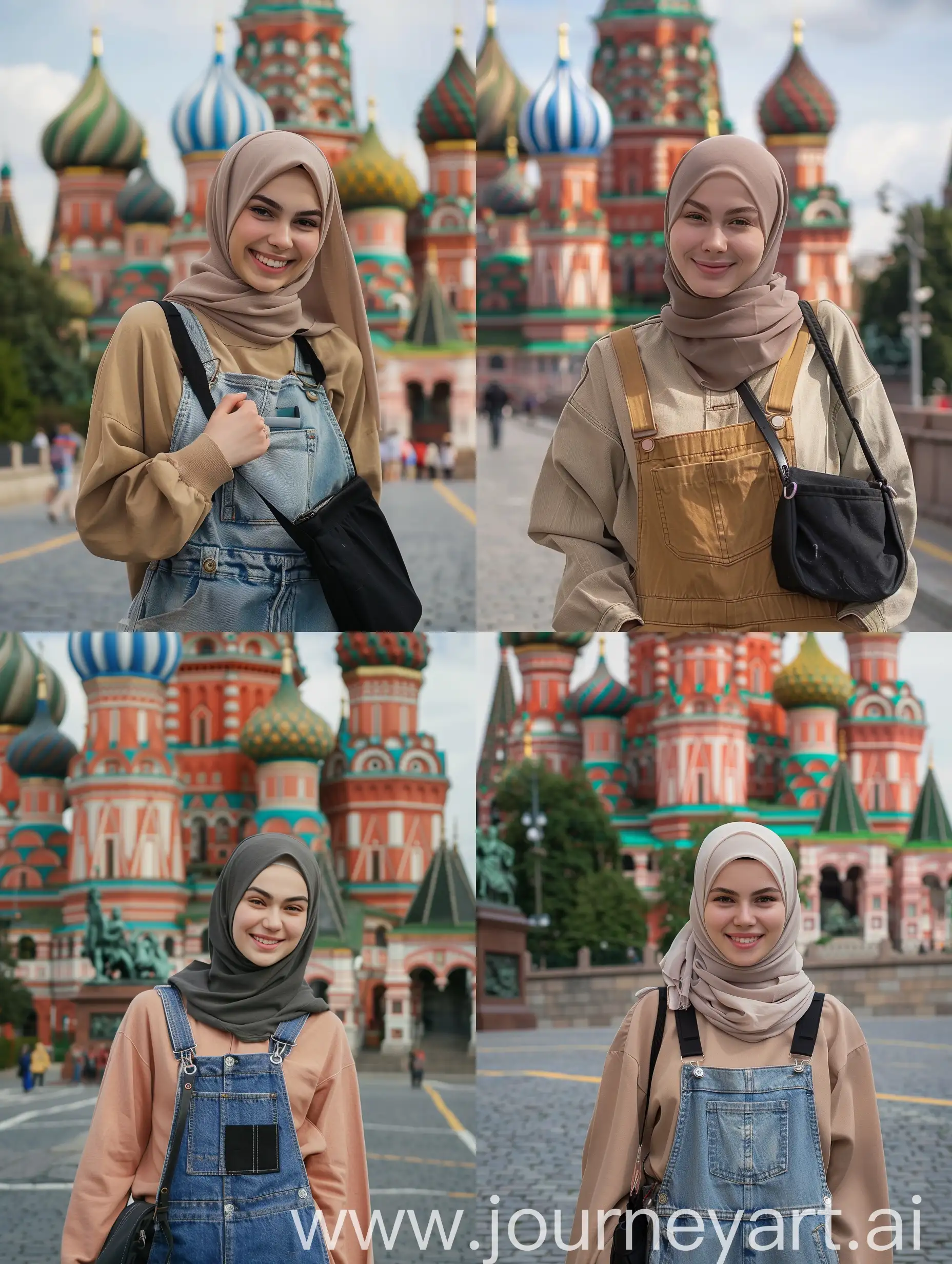 Smiling-Russian-Hijab-Girl-in-Overalls-at-Saint-Basil-Cathedral