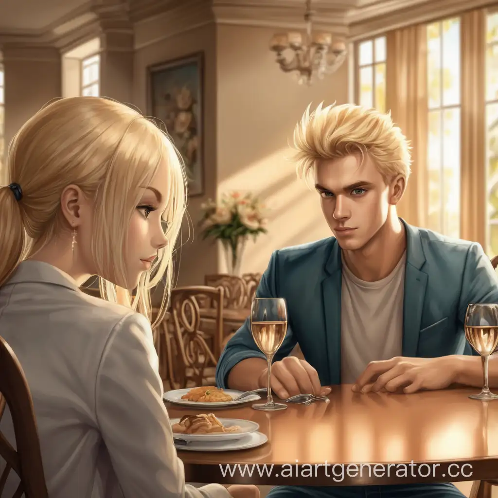 парень блондин смотрит на девушку за столом