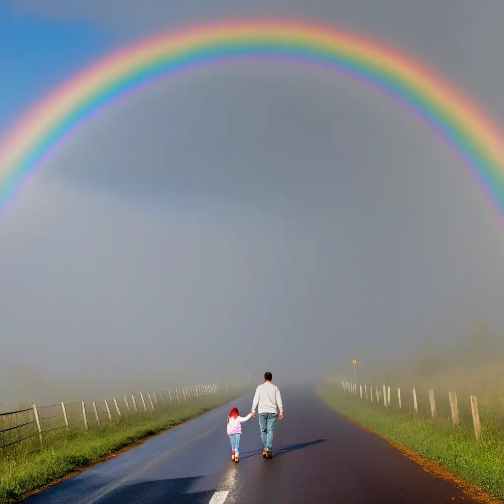 Father and Daughter Stroll Through Enchanting Fog Underneath a Rainbow