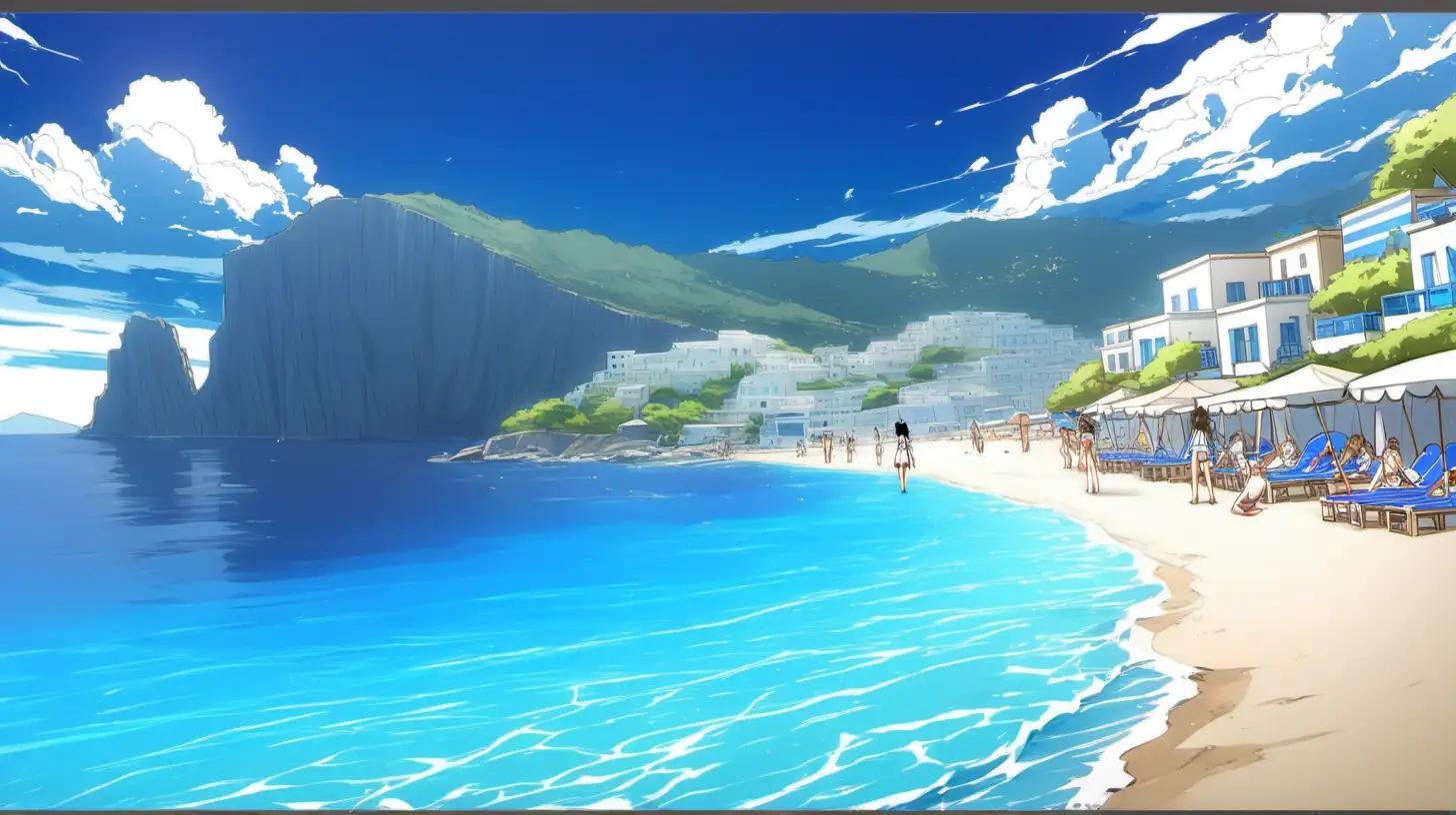 greece islands beach, anime style