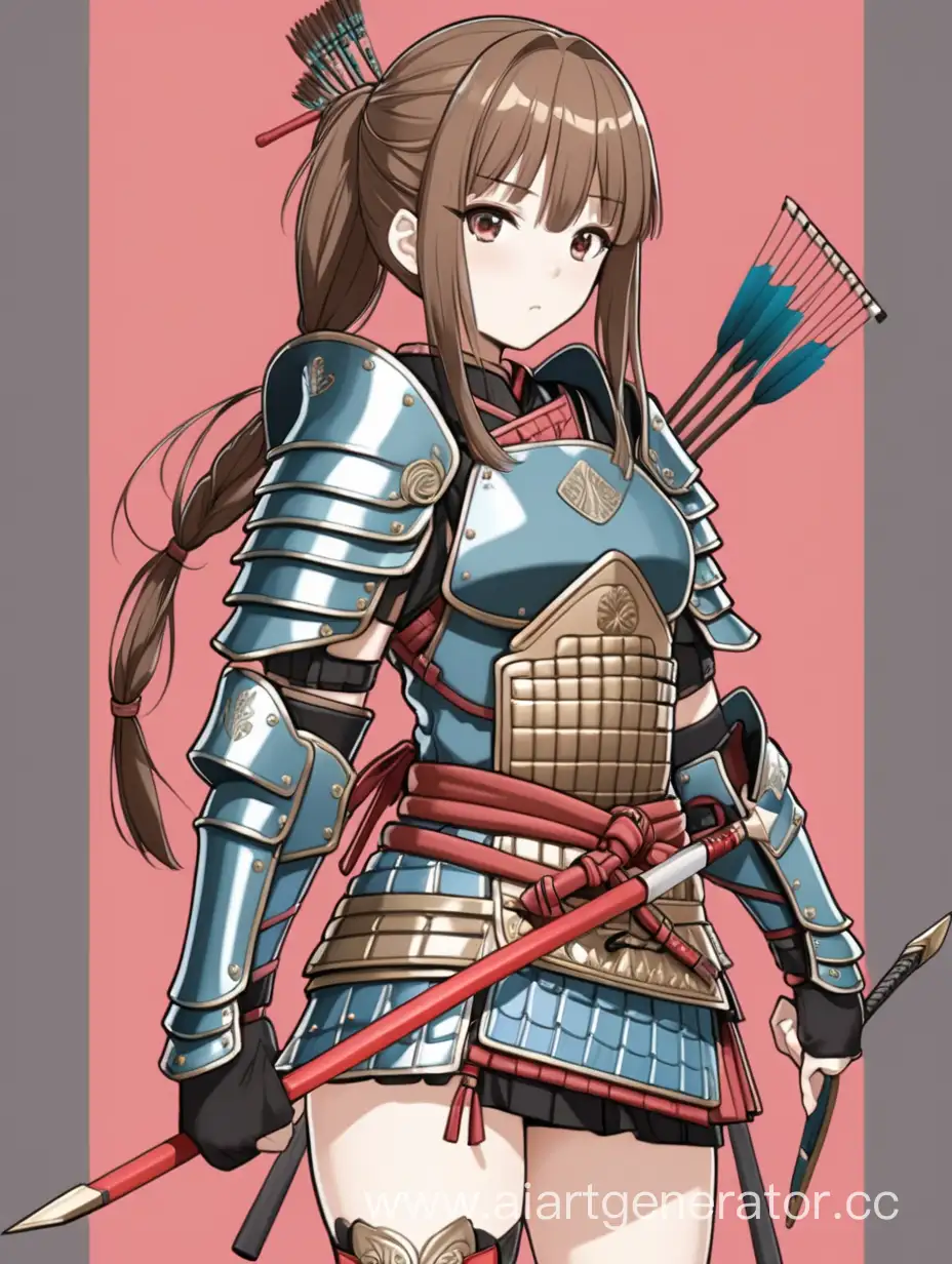 anime girl in a short skirt in samurai armor, wounded in the shoulder by an arrow