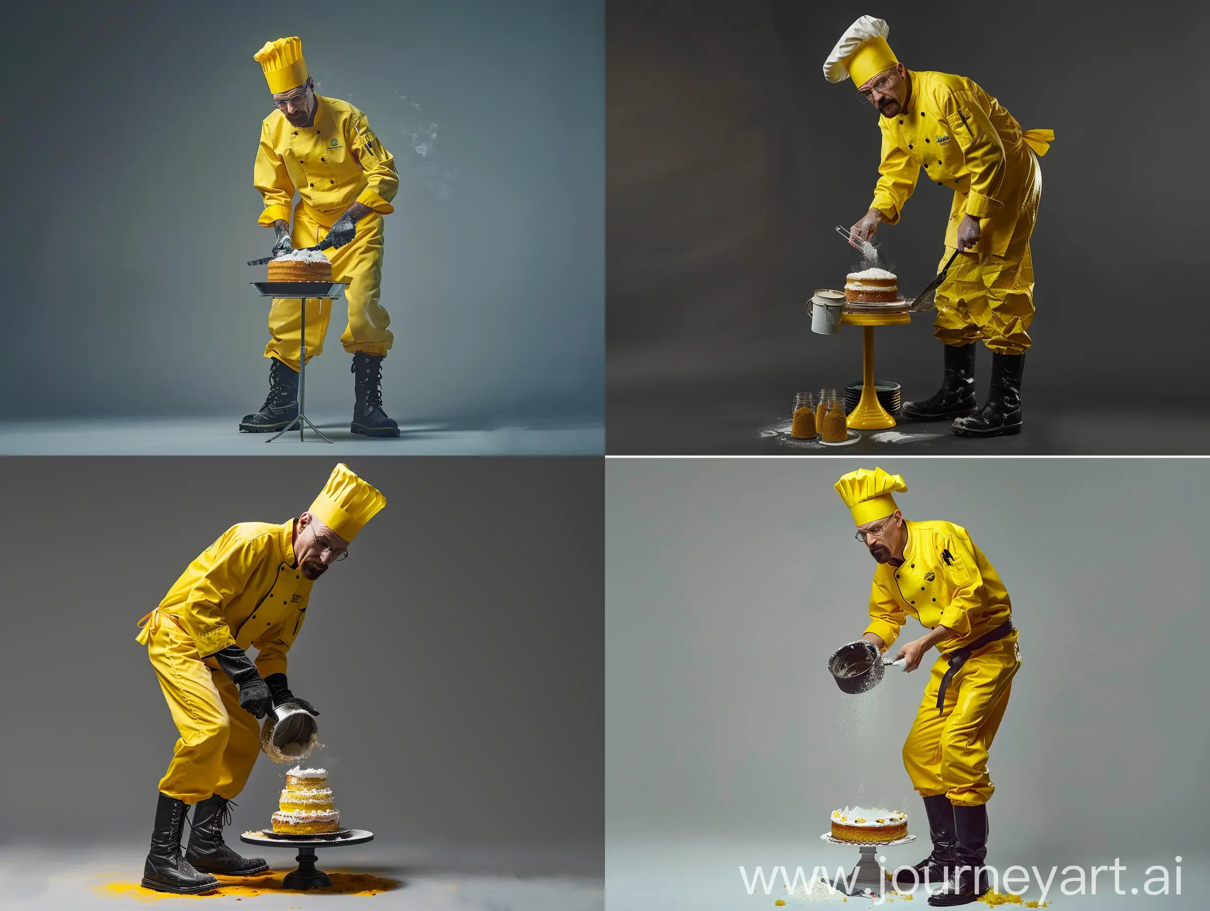 Breaking Bad's Walter White, wearing a yellow chef's hat and yellow cooking clothes  and black boots, is mixing cake ingredients, stand up, look at the camera, serious face, all body, realistic, breaking bad model, cinematic lighting, q2