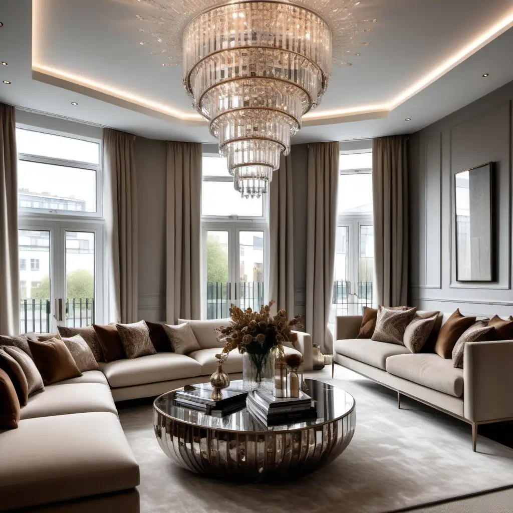 Editorial style photo of a luxury living room with neutral furniture and brown pattern cushions, in a modern luxury London apartment crystal chandelier, high resolution 8k