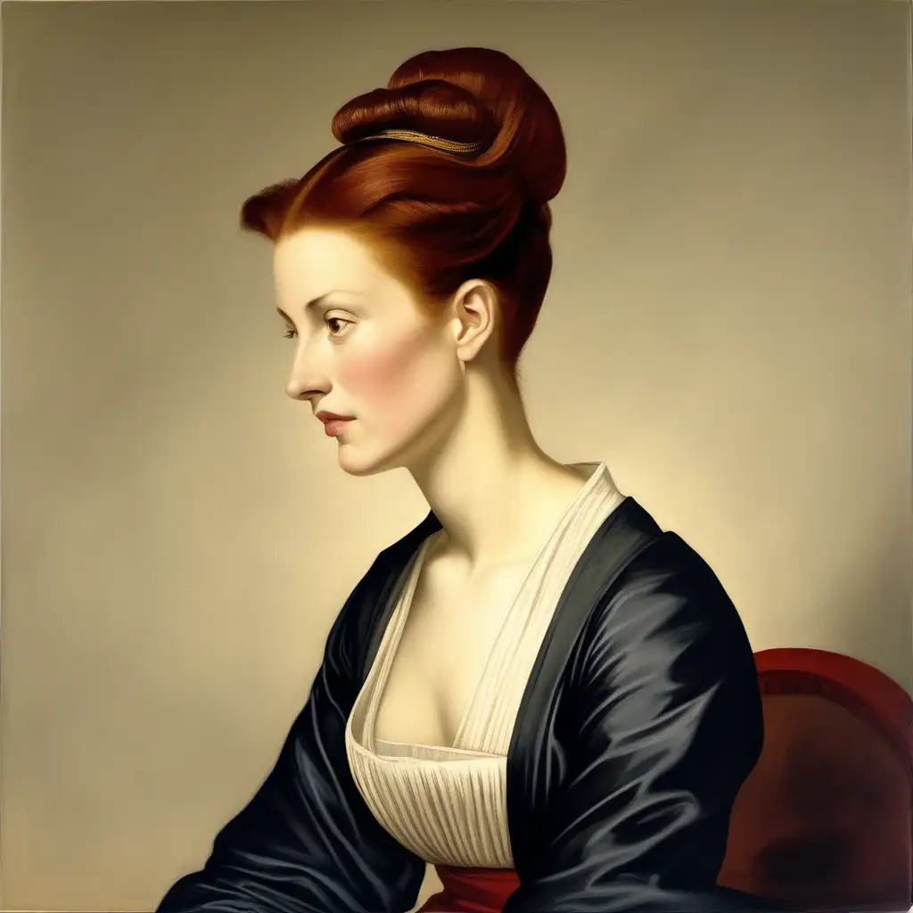 A COLOR PORTRAIT OF A BEAUTIFUL, THIN,  DARK RED HAIRED WOMAN, SEATED, TOWARD THE LEFT, WITH HER HAIR PULLED BACK IN A LARGE BUN, AT THE  BOTTON OF HER NECK,   A 3/4 VIEW,  A BEAUTIFUL WONANMIN MODERN DAY CLOTHING,  NO OLD FASHIONED CLOTHING, LOW CUT NECK, NO HANDS OR ARMS SHOWING,  BUN OF HAIR LOW, AT THE NAPE OF HER NECK,