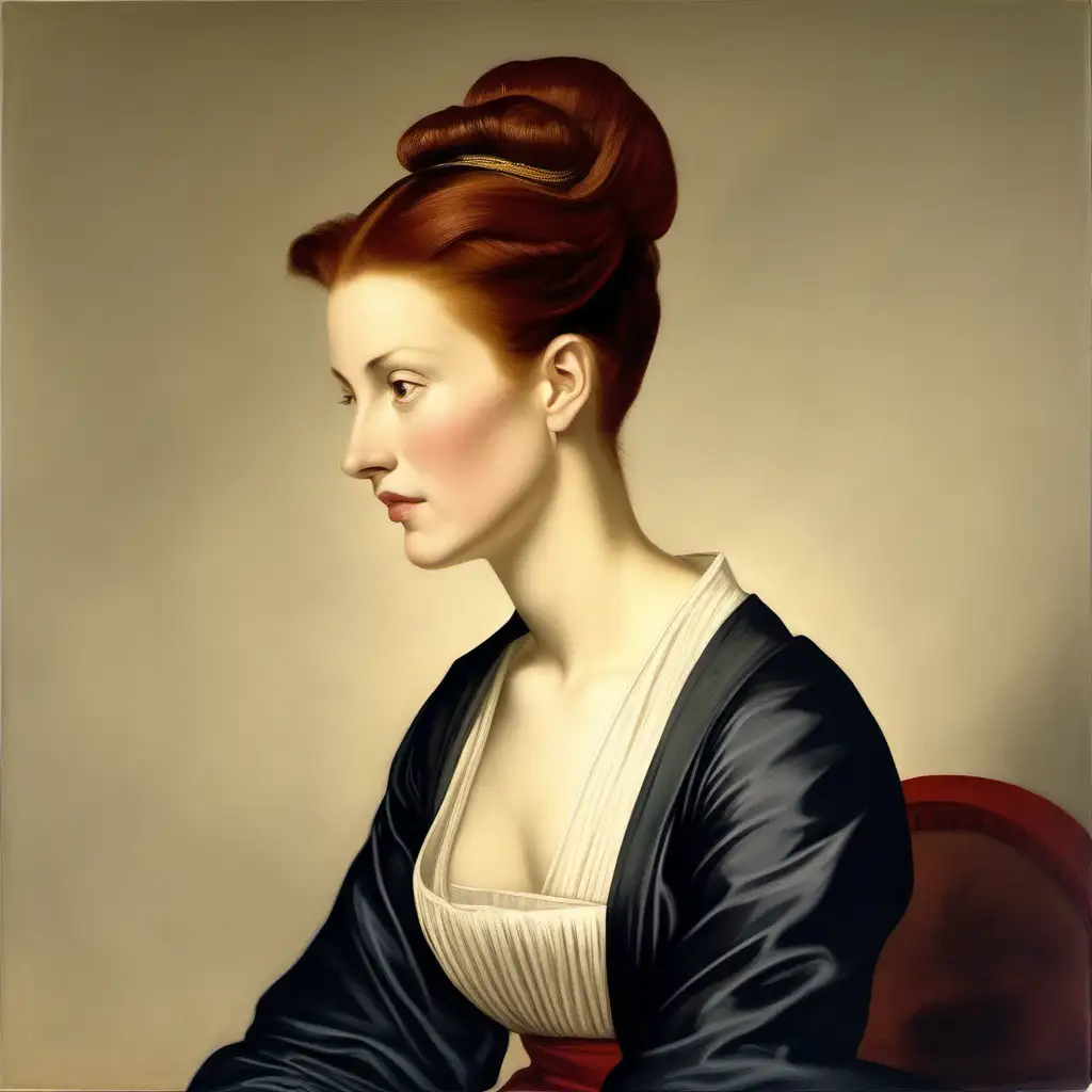 Elegant Dark RedHaired Woman in Modern Attire with Low Bun