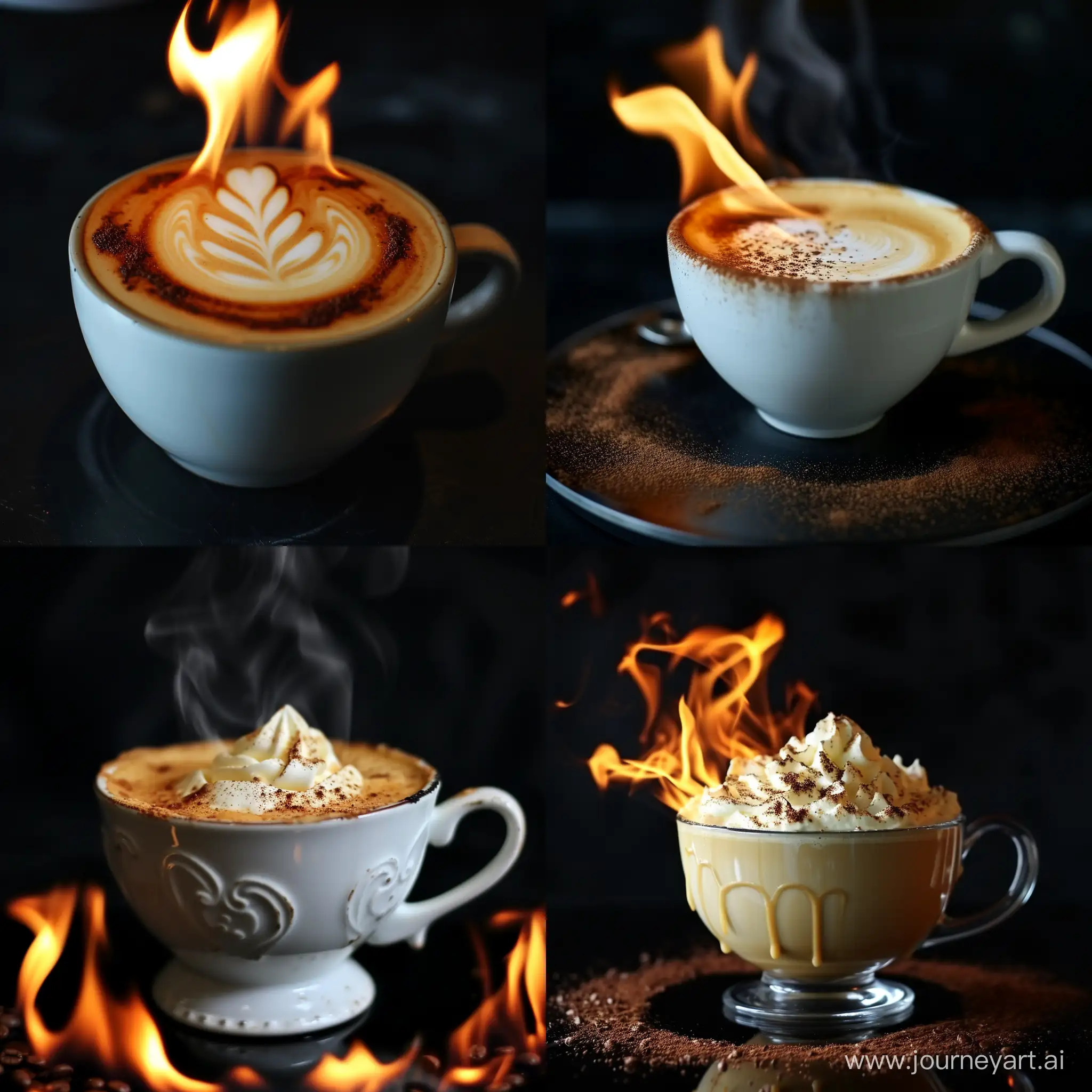 cup of baked latte on black background with fire
