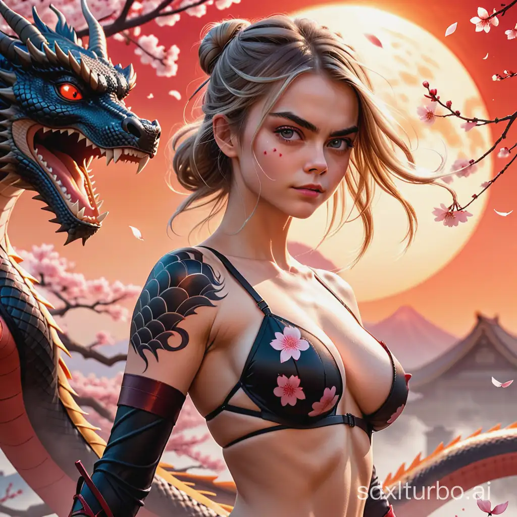 A beautiful busty kunoichi gal Cara Delevingne stands in an epic pose against the backdrop of a huge red sun at sunset and flying sakura petals, maximum detail, close-up, underboob , image of a dragon with glowing eyes on her back, dragon tattoo on her back , strong hairblowing wind , plump lips , angry smiling , flat stomach , perfect body , style raw , masterpiece 1:2 , ray-tracing .