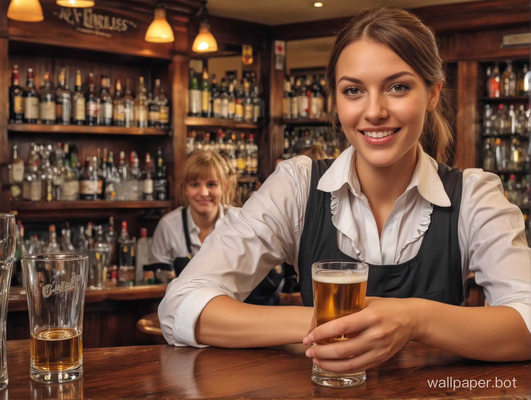 Waitress serving drinks in an English pub, hdr, 16:9