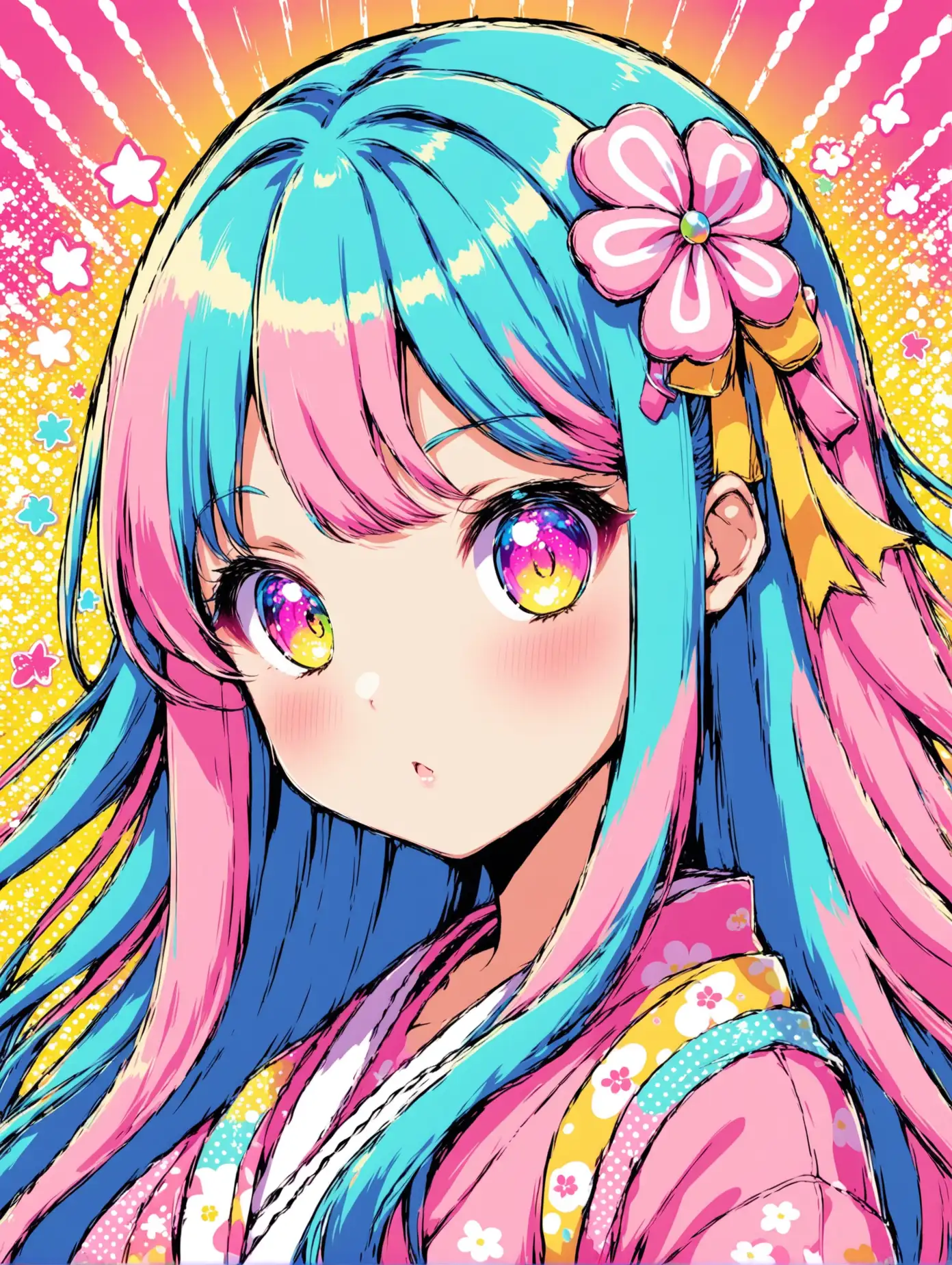 a colorful anime girl with lots of pastel colors adorned with long hair in japanese pop art kawaii