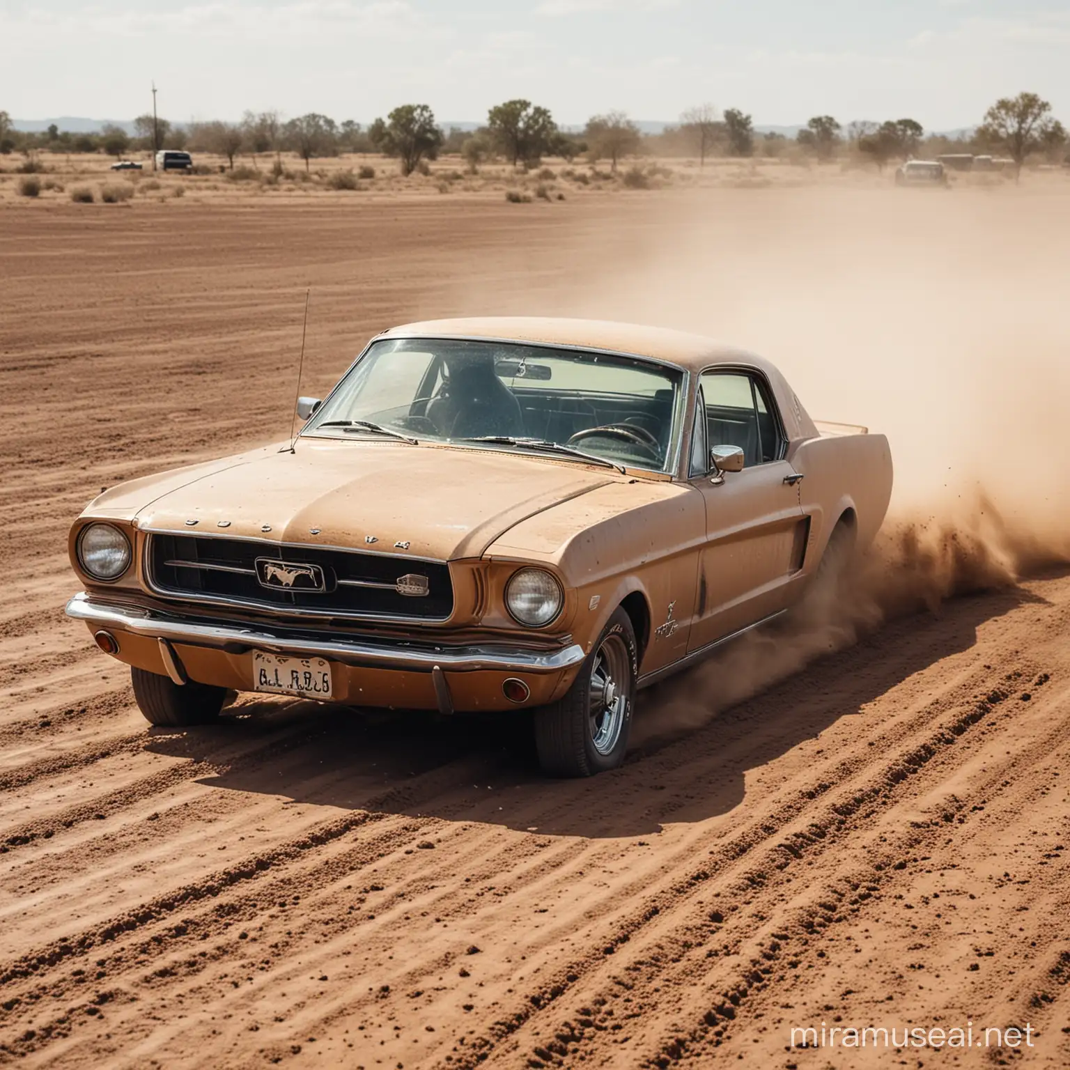 old mustang like car driving through dirt. without people inside