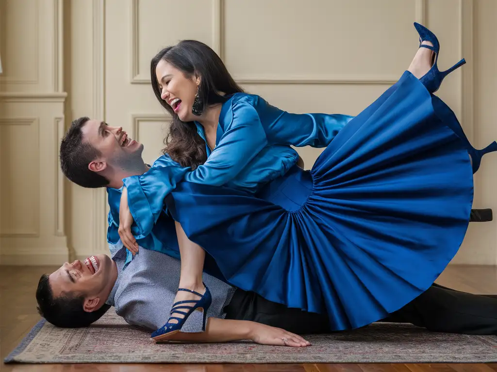 Long view. An adult caucasion laughing man is lying on his back on a rug. his blonde smiling  wife is sitting on top of her husband. she is straddling  her husband.  she is  wearing a blue satin blouse,  a very  long blue satin maxi circle skirt, the skirt is spread in a  wide circle. she is wearing heels. she is kneeling low on her knees.  her husband who is wearing a shirt and trousers. they are looking at each other