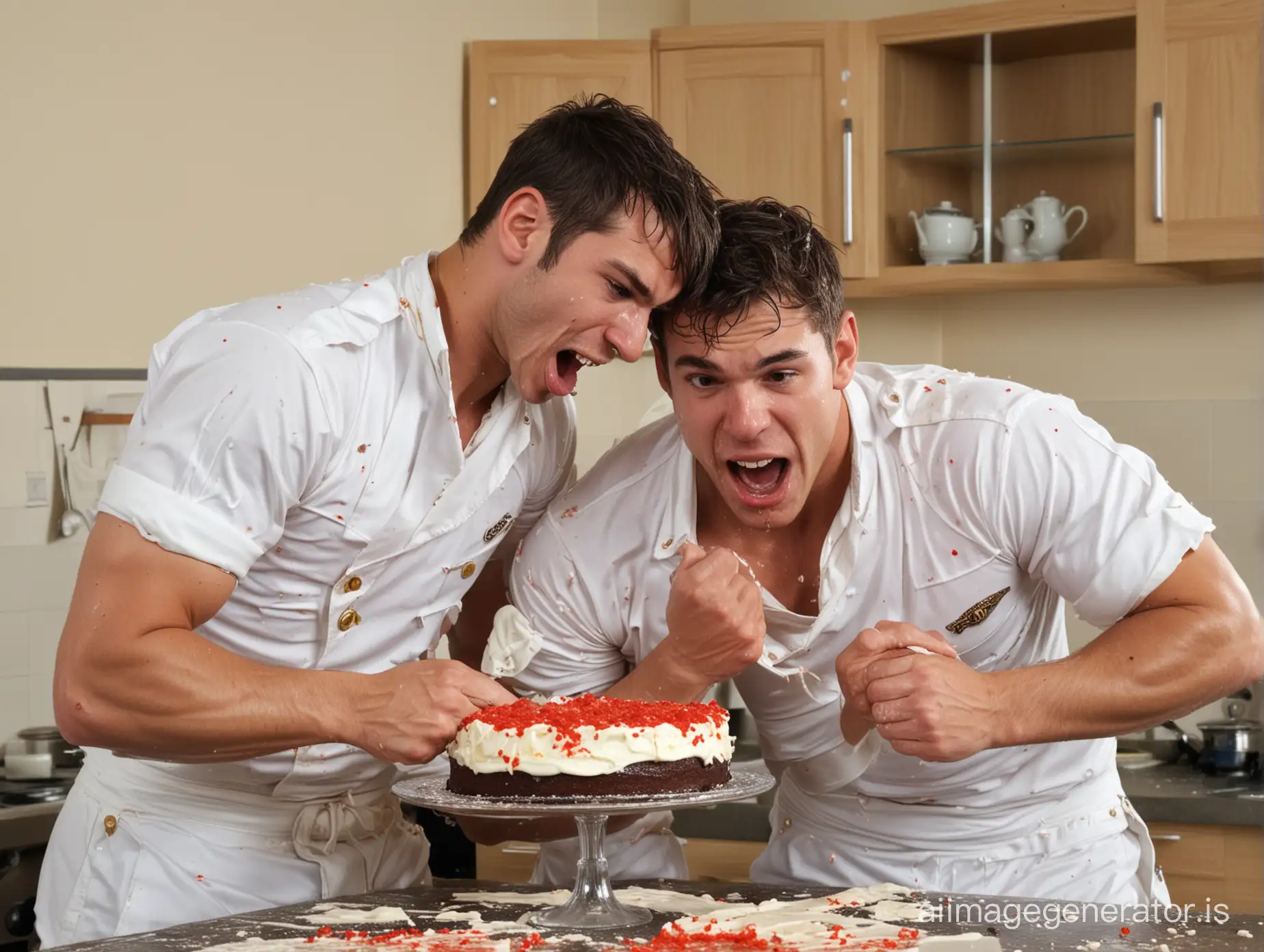 two young uniformed muscled sailor wrestling and cake fighting, in kitchen, impacts cake, hits cake, cake in ruin, face in cake, atractive face, wet dirty, uniform covered in cake and cream, fighting and wrestling, fist fight, pressing your face into the cake and cream, trampling the cake, back on the cake, back pocket, cream on the face