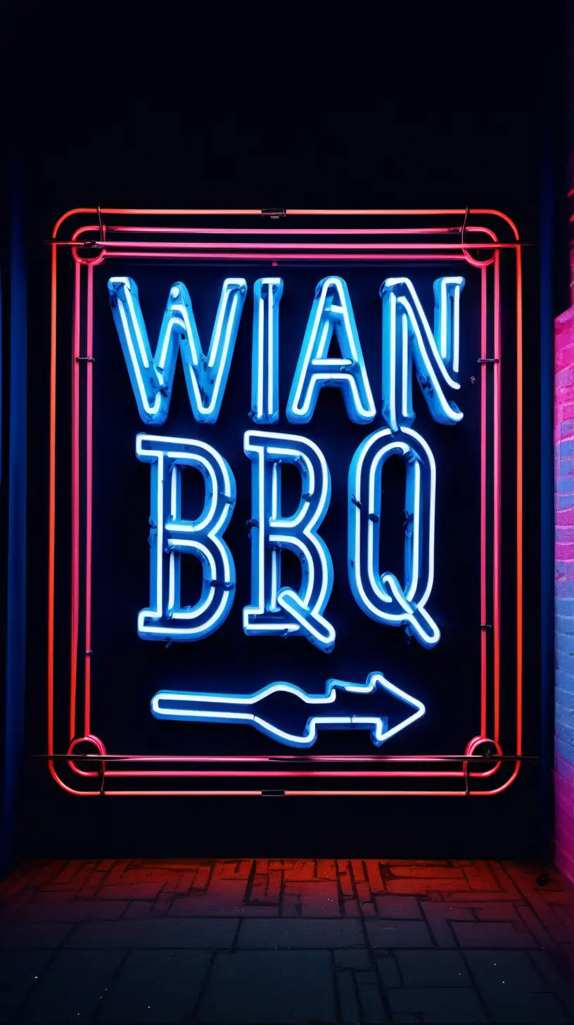 "WIAN BBQ" lettering in neon light, content creating, neonlight background, style street photography, american bbq,