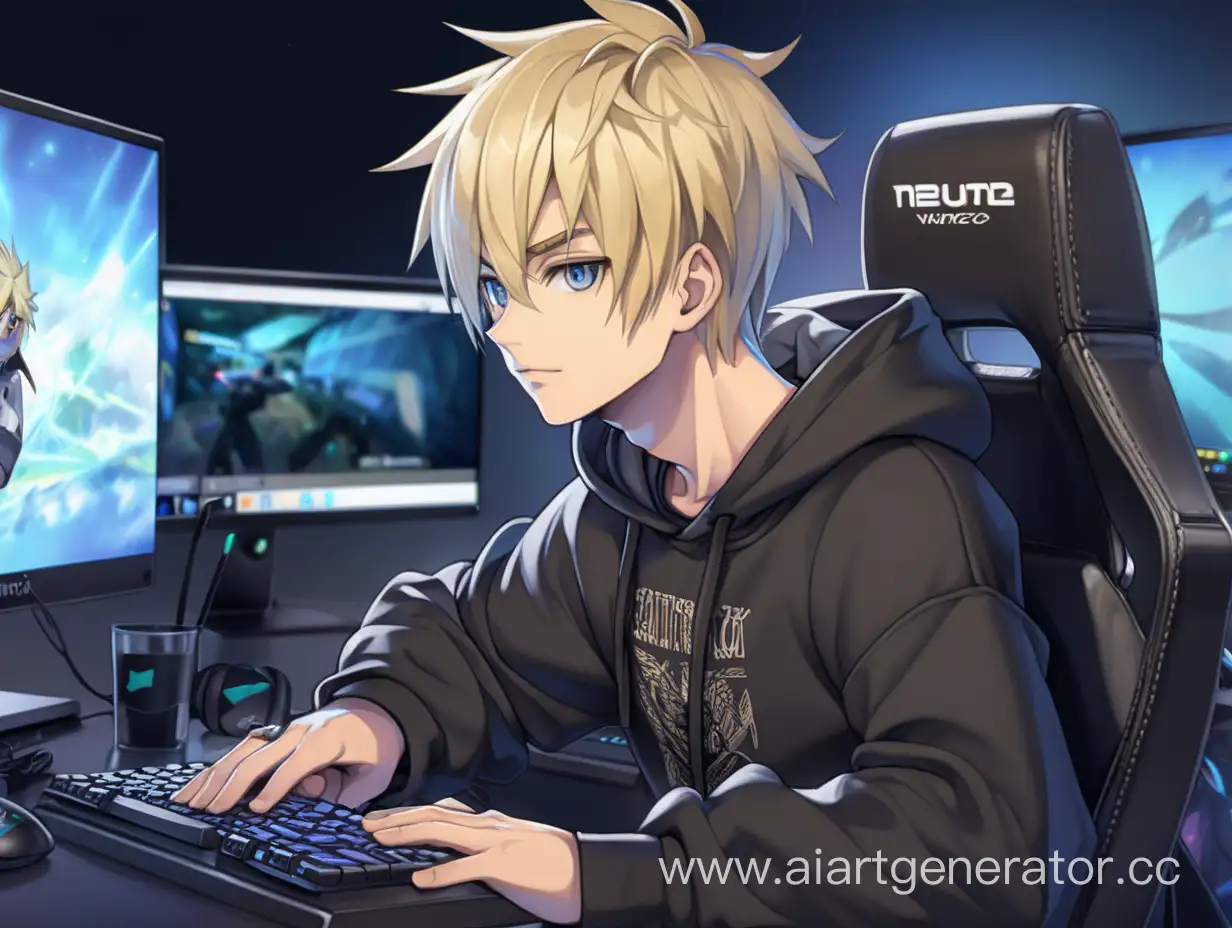 парень  никVitasFreed светловолосый  за игровым компьютером в черной кофте игровое кресло короткие волосы серые глаза аниме