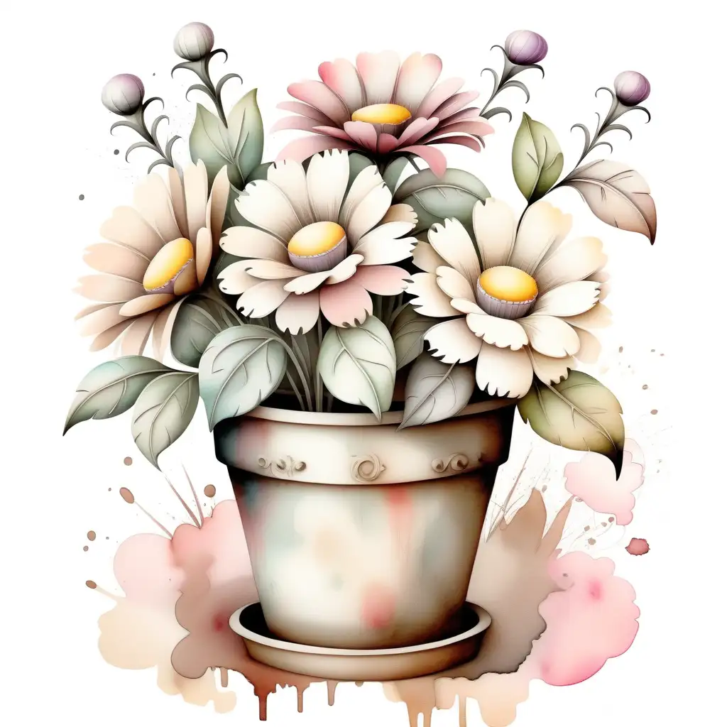 Elegant Shabby Chic Flowers in a Watercolor Pot